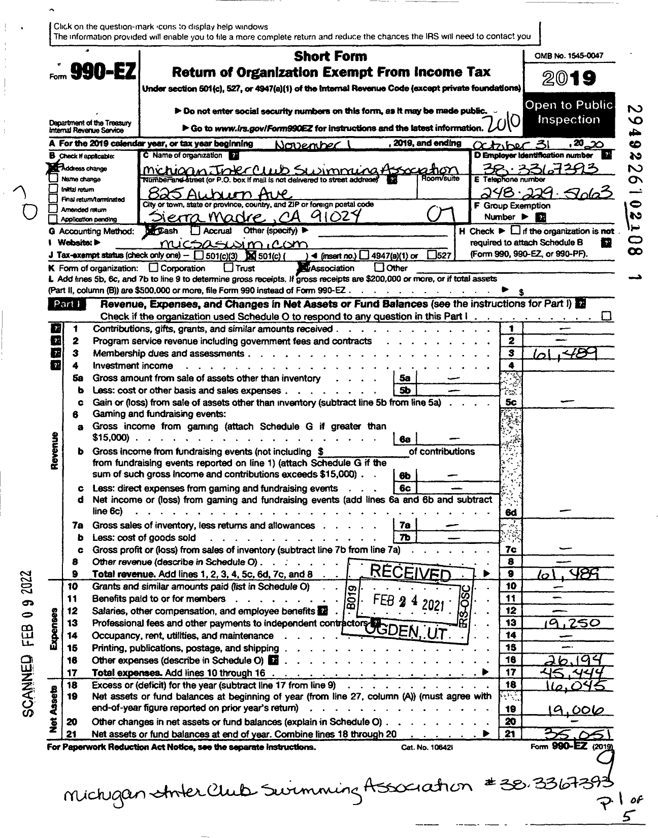 Image of first page of 2019 Form 990EO for Michigan Inter-Club Swimming Association