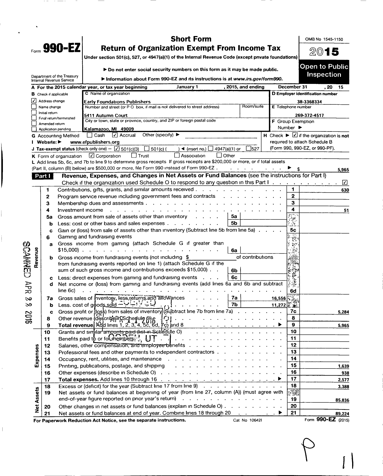 Image of first page of 2015 Form 990EZ for Early Foundations Publishers