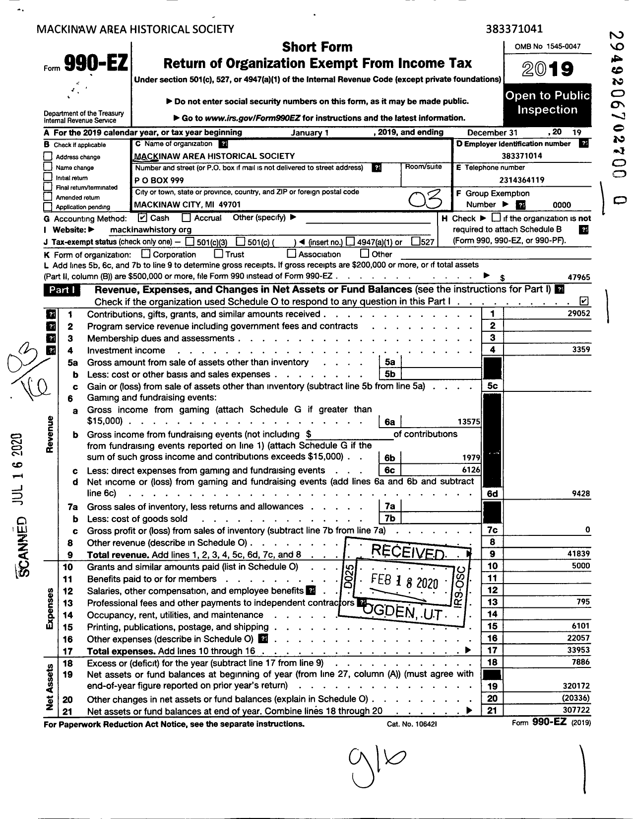 Image of first page of 2019 Form 990EZ for Mackinaw Area Historical Society