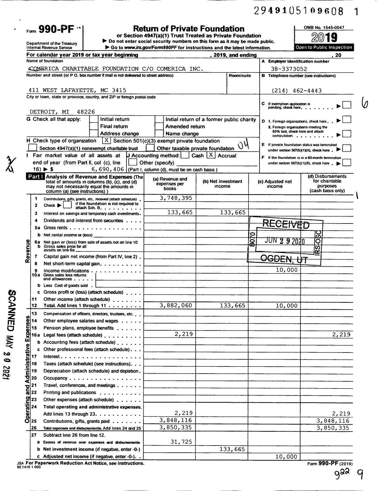 Image of first page of 2019 Form 990PF for Comerica Charitable Foundation