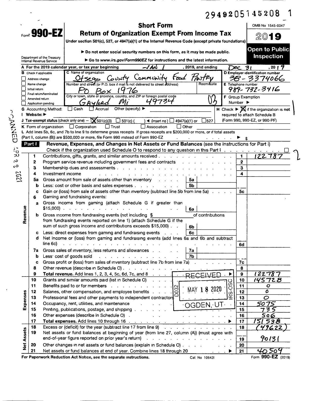 Image of first page of 2019 Form 990EZ for Otsego County Community Food Pantry