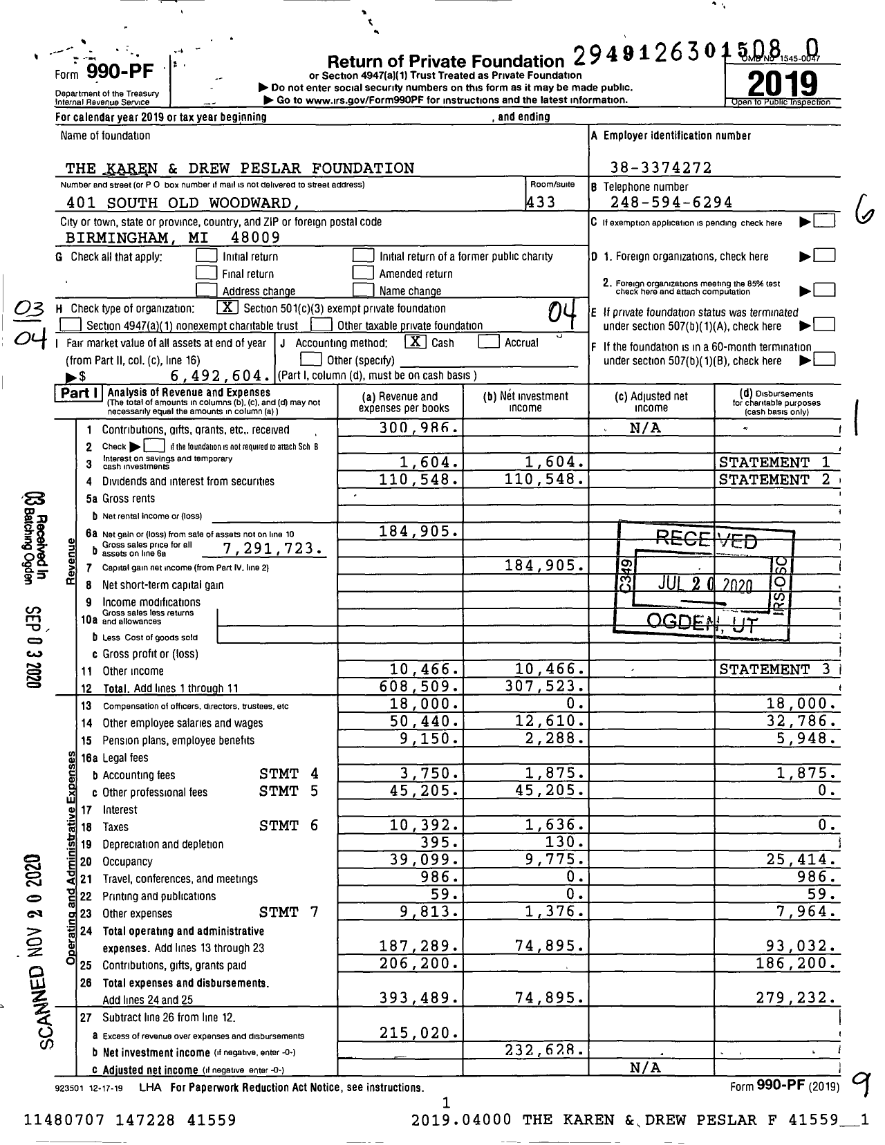 Image of first page of 2019 Form 990PF for The Karen and Drew Peslar Foundation