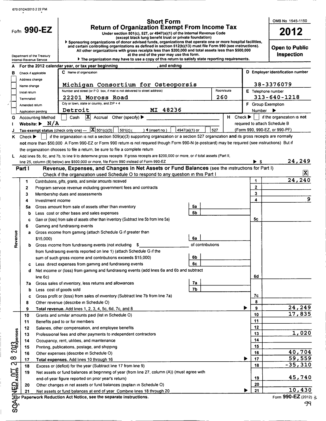 Image of first page of 2012 Form 990EZ for Michigan Consortium for Osteoporosis (MCO)