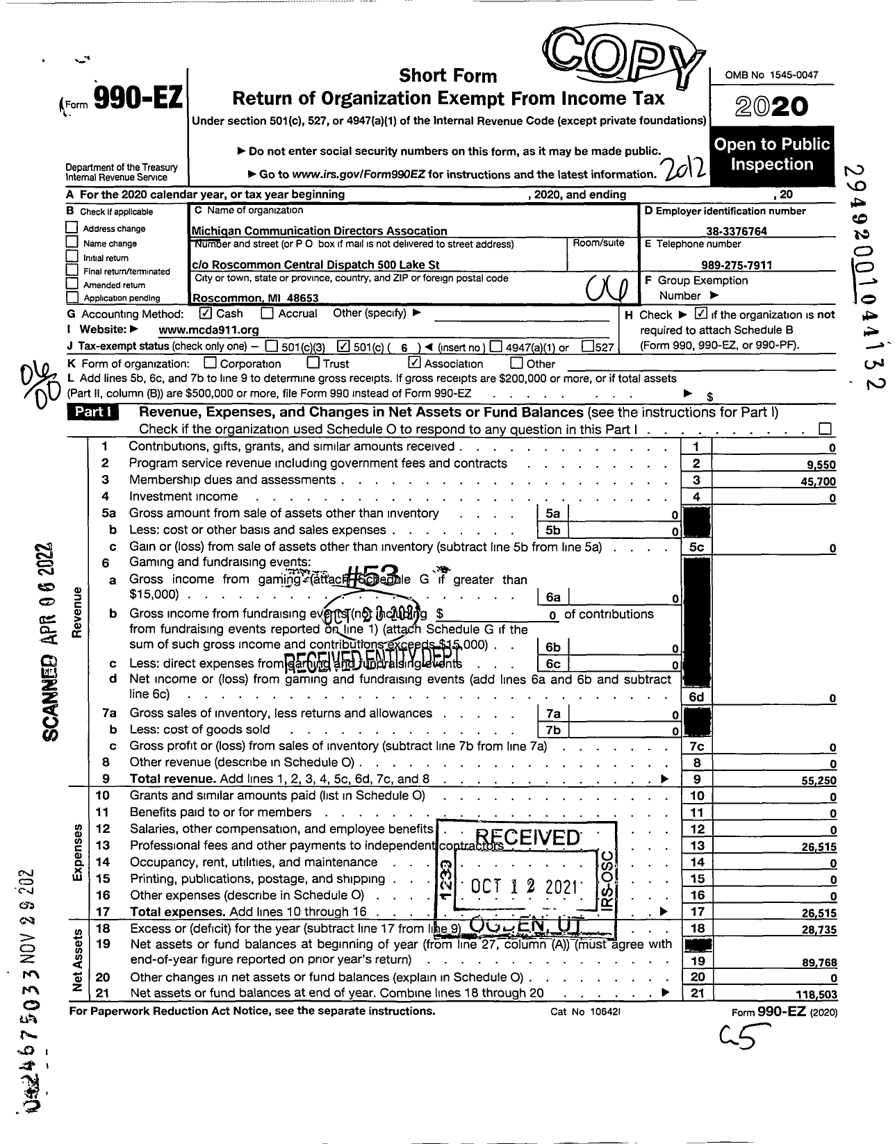 Image of first page of 2020 Form 990EO for Michigan Communication Directors Association