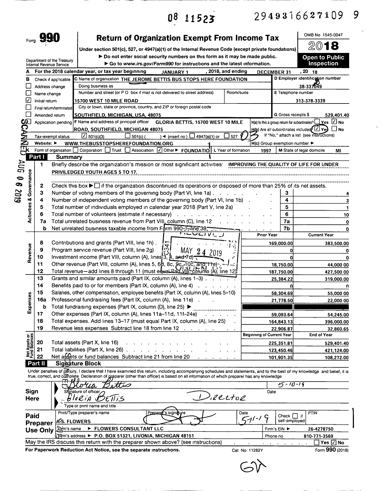 Image of first page of 2018 Form 990 for The Jerome Bettis Bus Stops Here Foundation