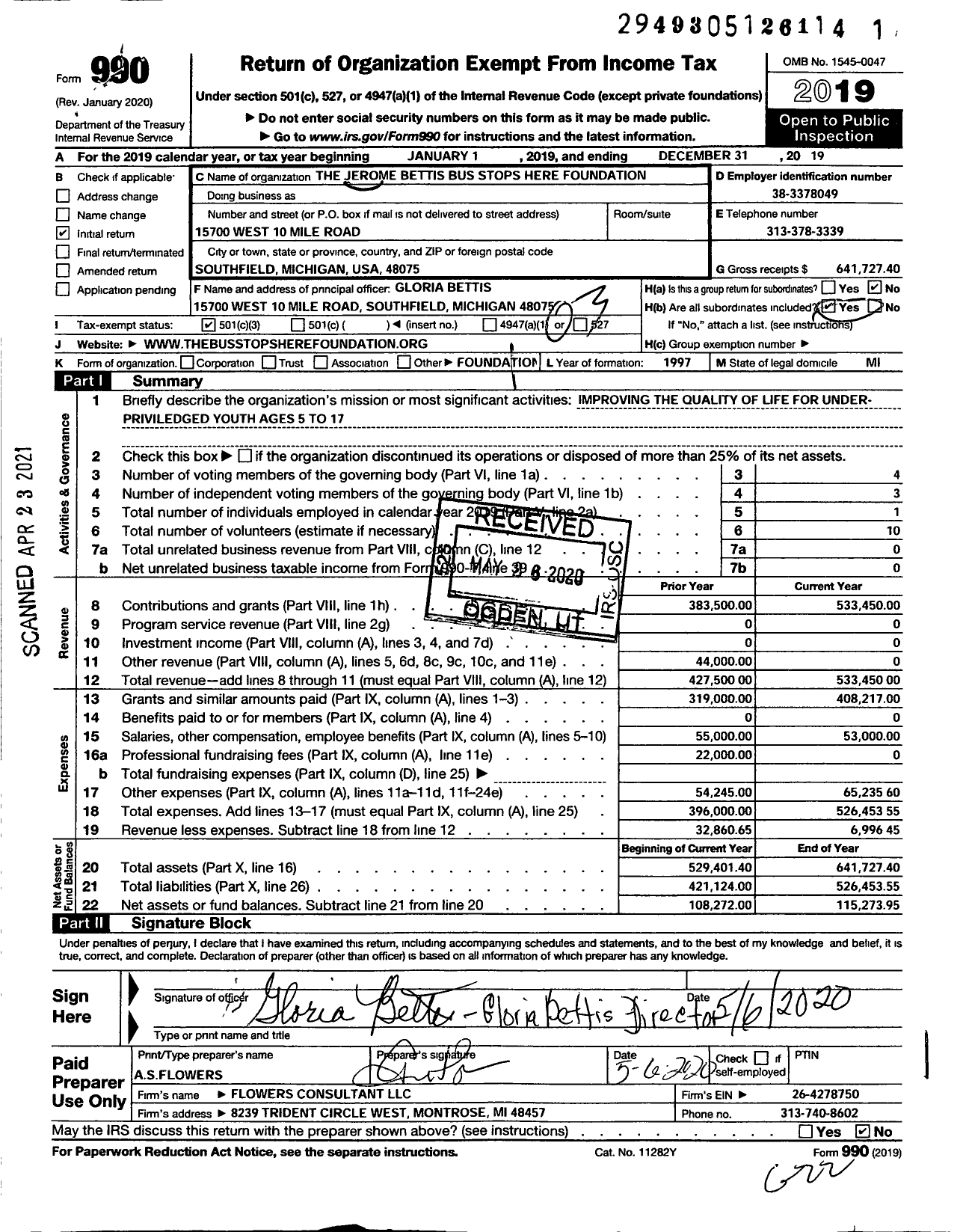 Image of first page of 2019 Form 990 for The Jerome Bettis Bus Stops Here Foundation