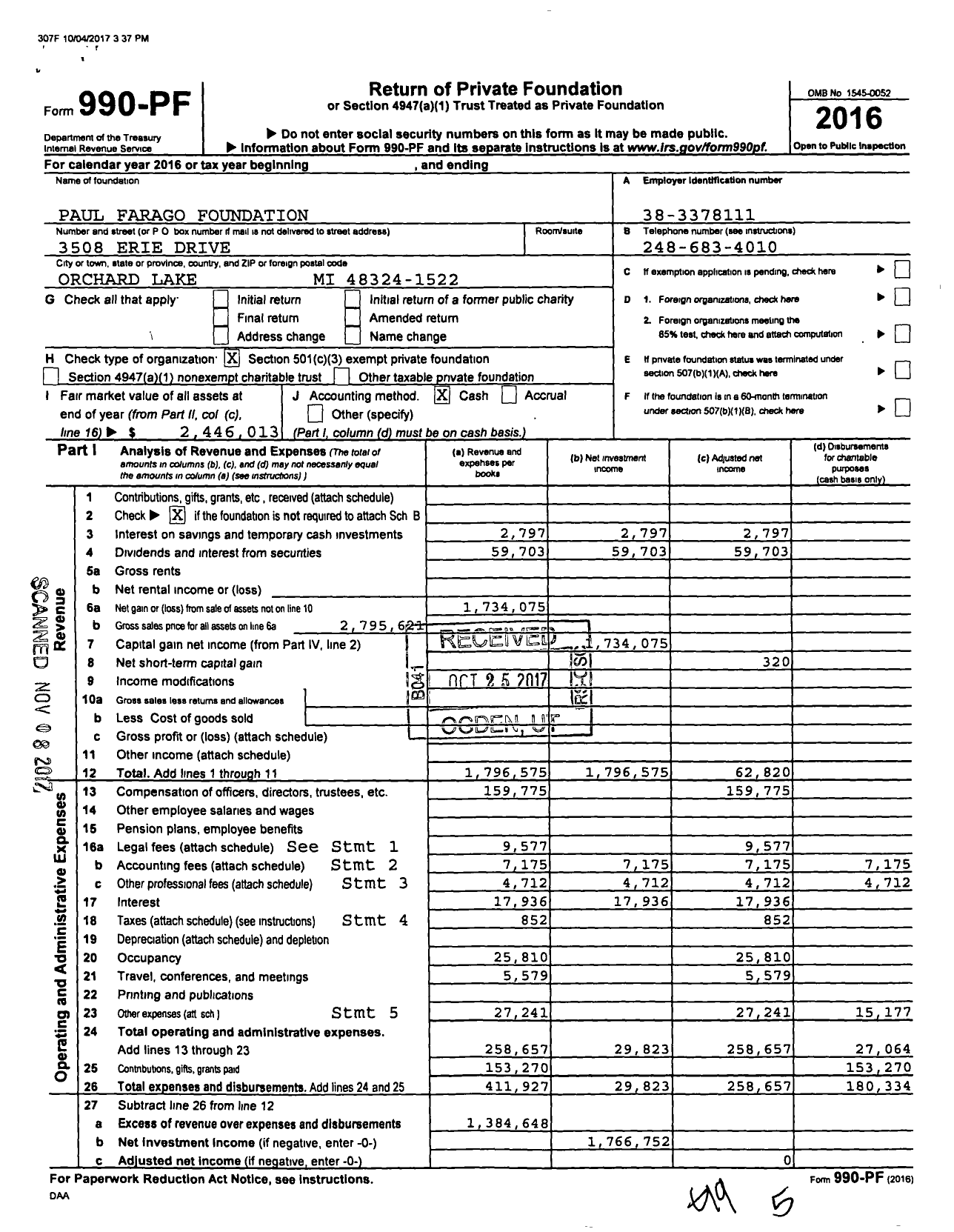 Image of first page of 2016 Form 990PF for Paul Farago Foundation