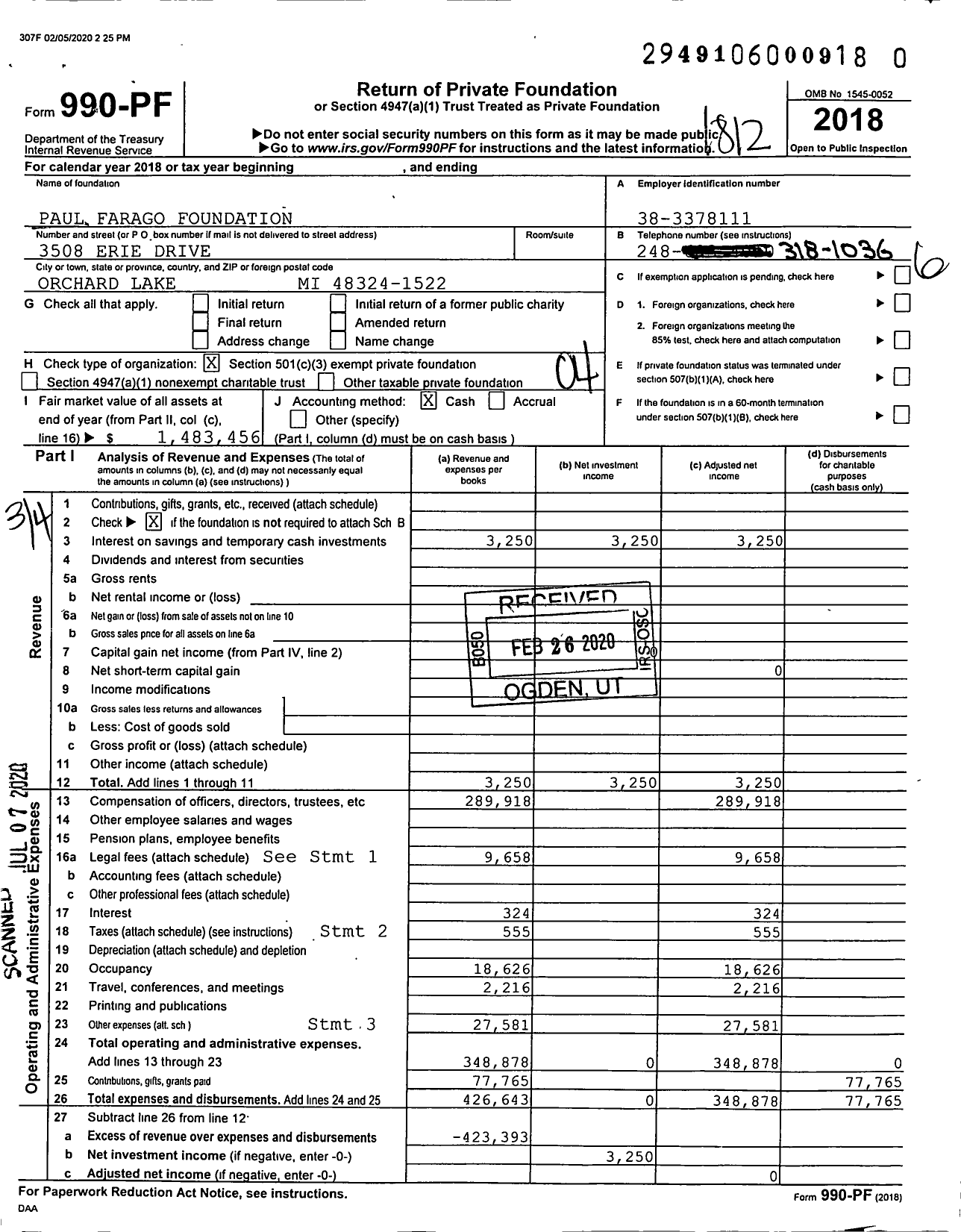 Image of first page of 2018 Form 990PR for Paul Farago Foundation