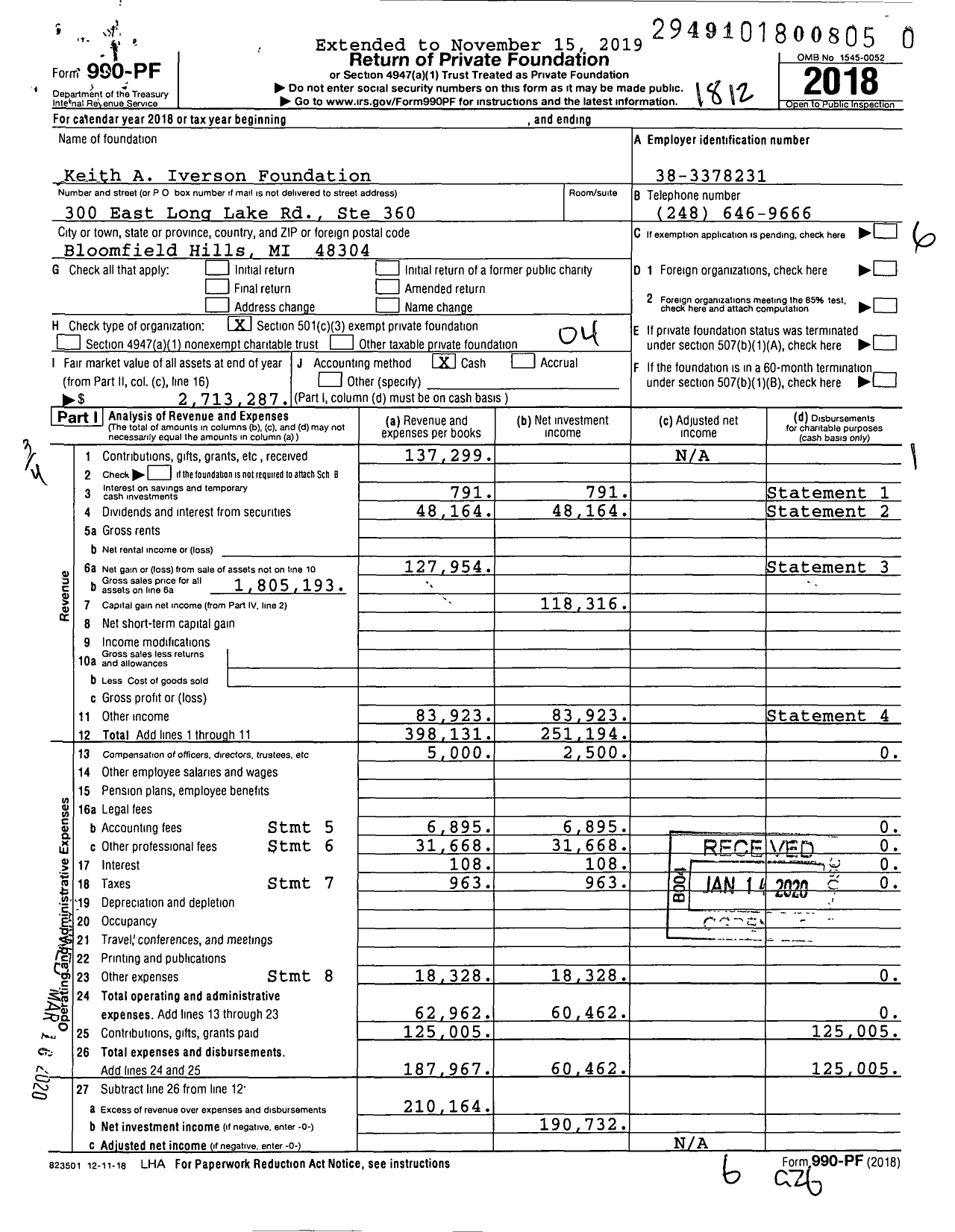 Image of first page of 2018 Form 990PR for Keith A Iverson Foundation