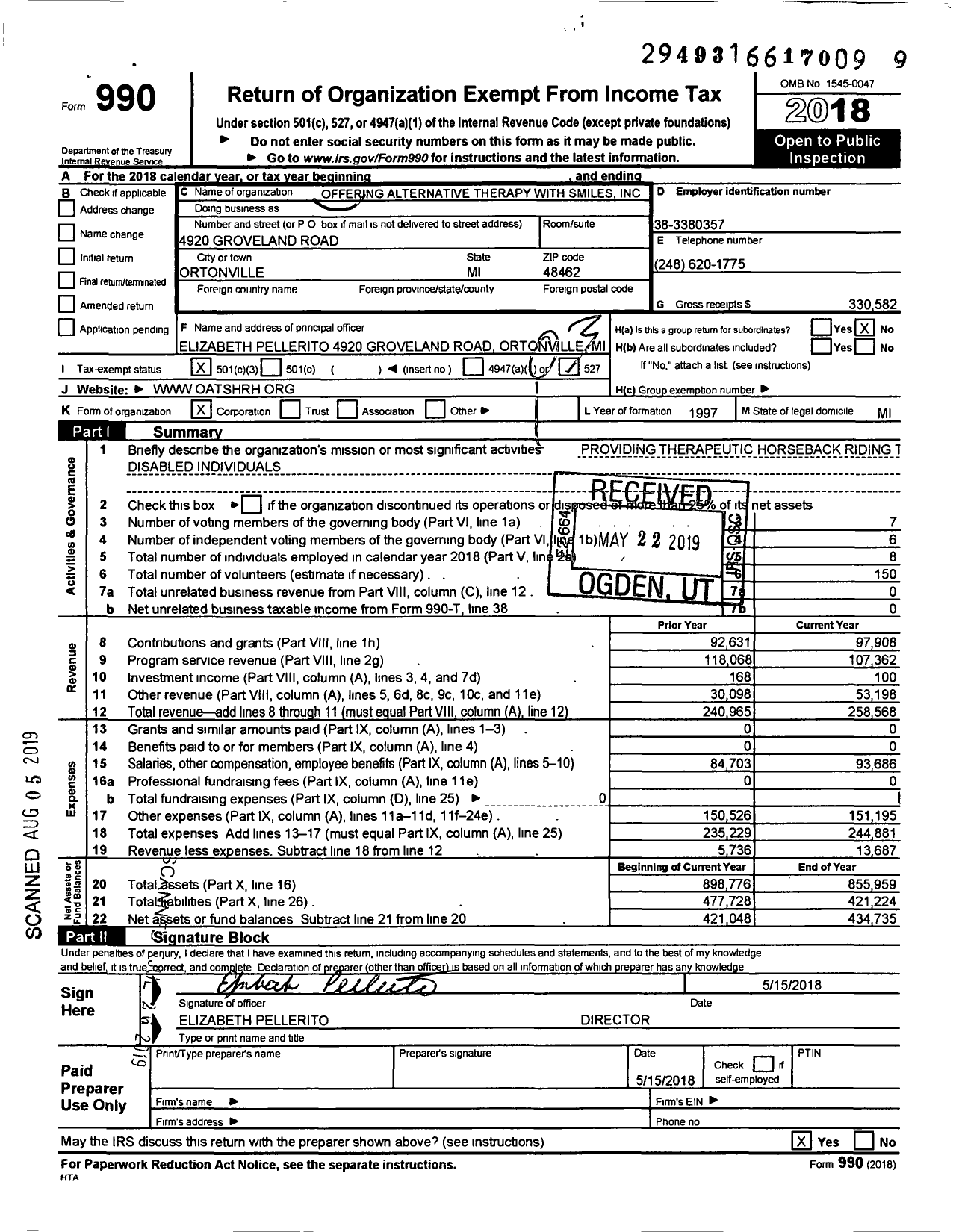 Image of first page of 2018 Form 990 for Offering Alternative Therapy with Smiles (OATS)