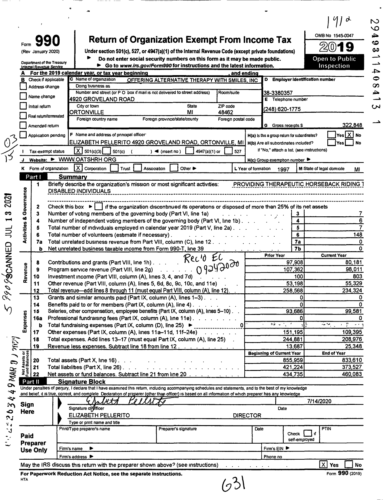 Image of first page of 2019 Form 990 for Offering Alternative Therapy with Smiles (OATS)