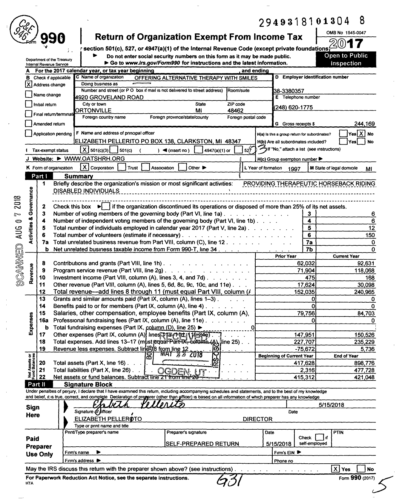 Image of first page of 2017 Form 990 for Offering Alternative Therapy with Smiles (OATS)