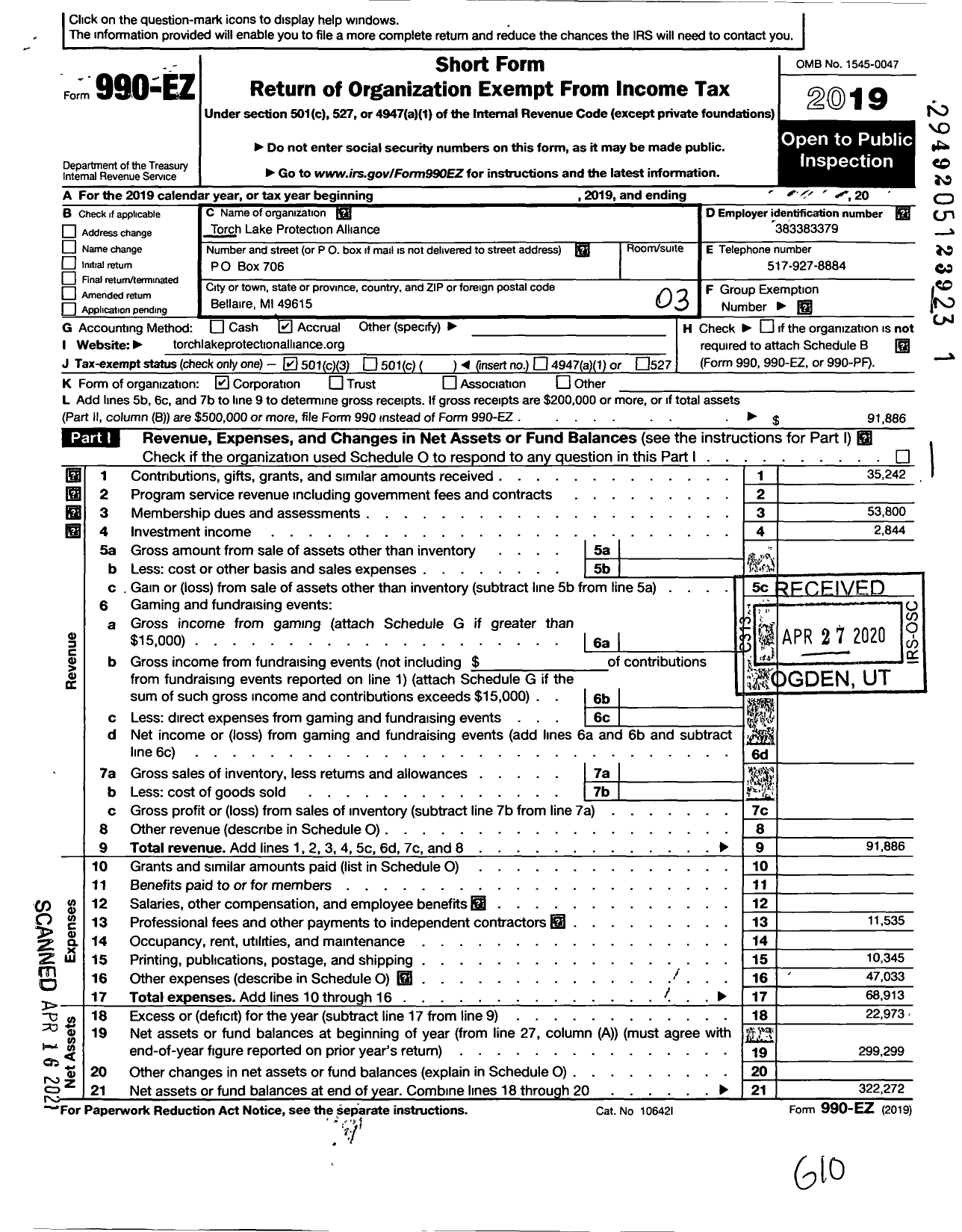 Image of first page of 2019 Form 990EZ for Torch Lake Protection Alliance