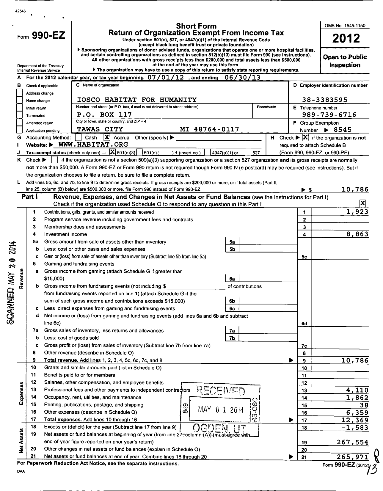 Image of first page of 2012 Form 990EZ for Habitat for Humanity - Iosco HFH