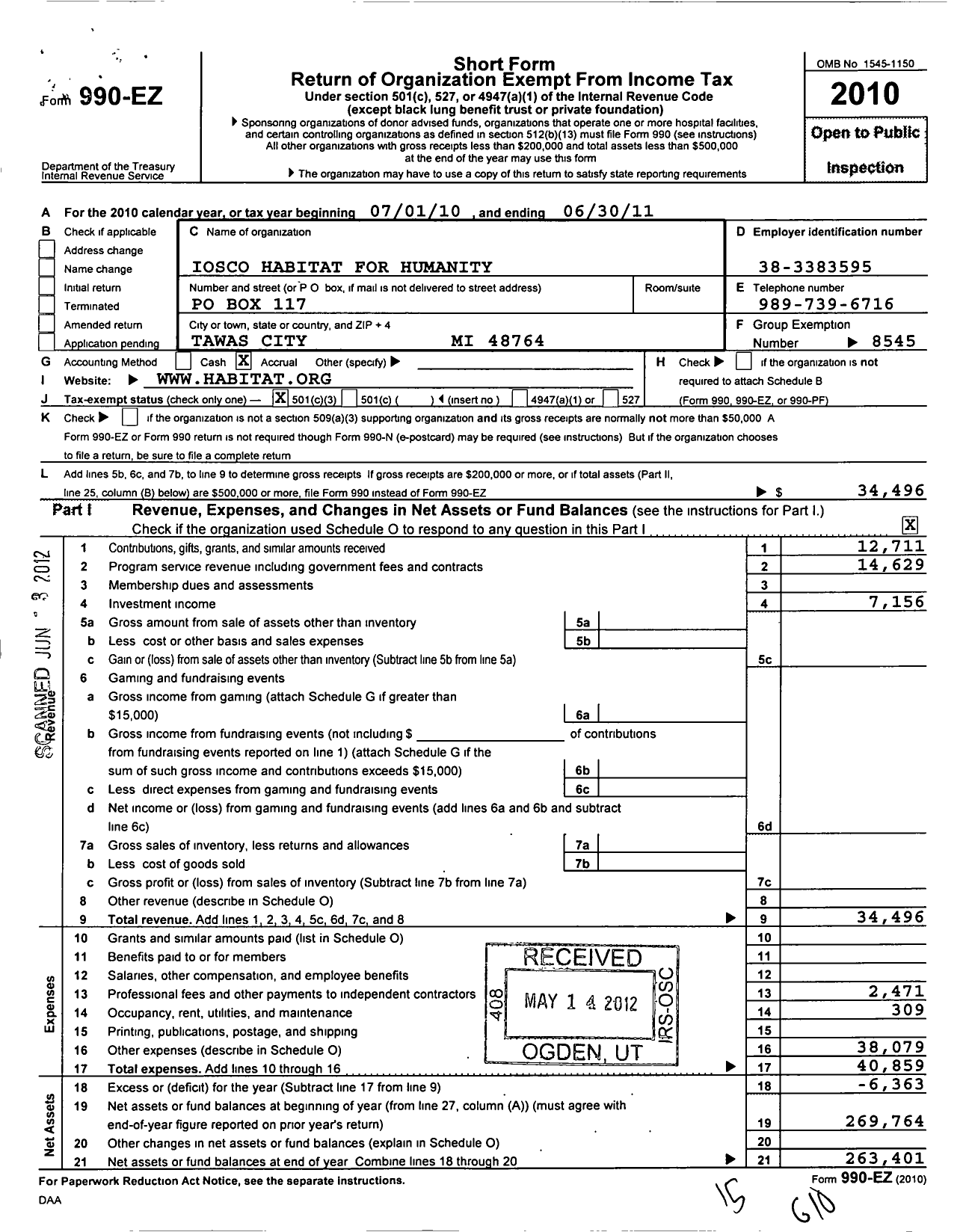 Image of first page of 2010 Form 990EZ for Habitat for Humanity - Iosco HFH