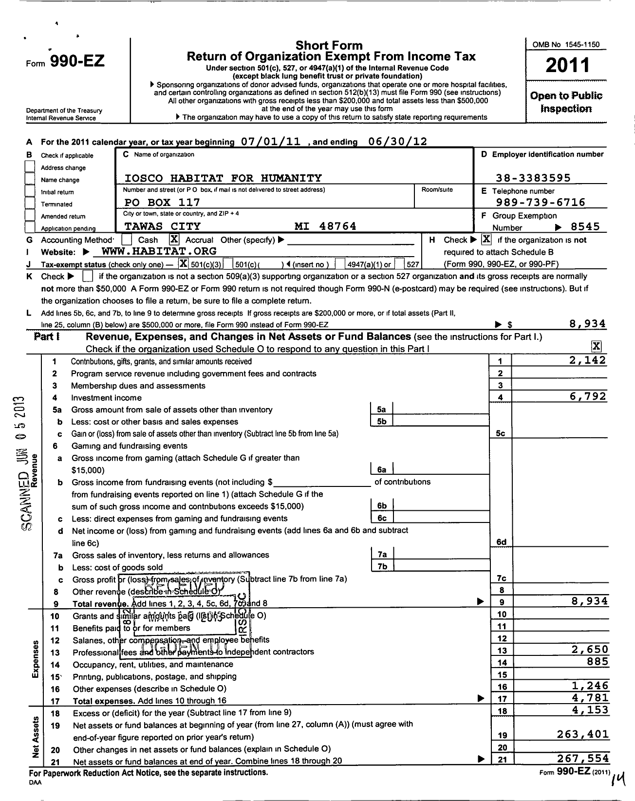 Image of first page of 2011 Form 990EZ for Habitat for Humanity - Iosco HFH