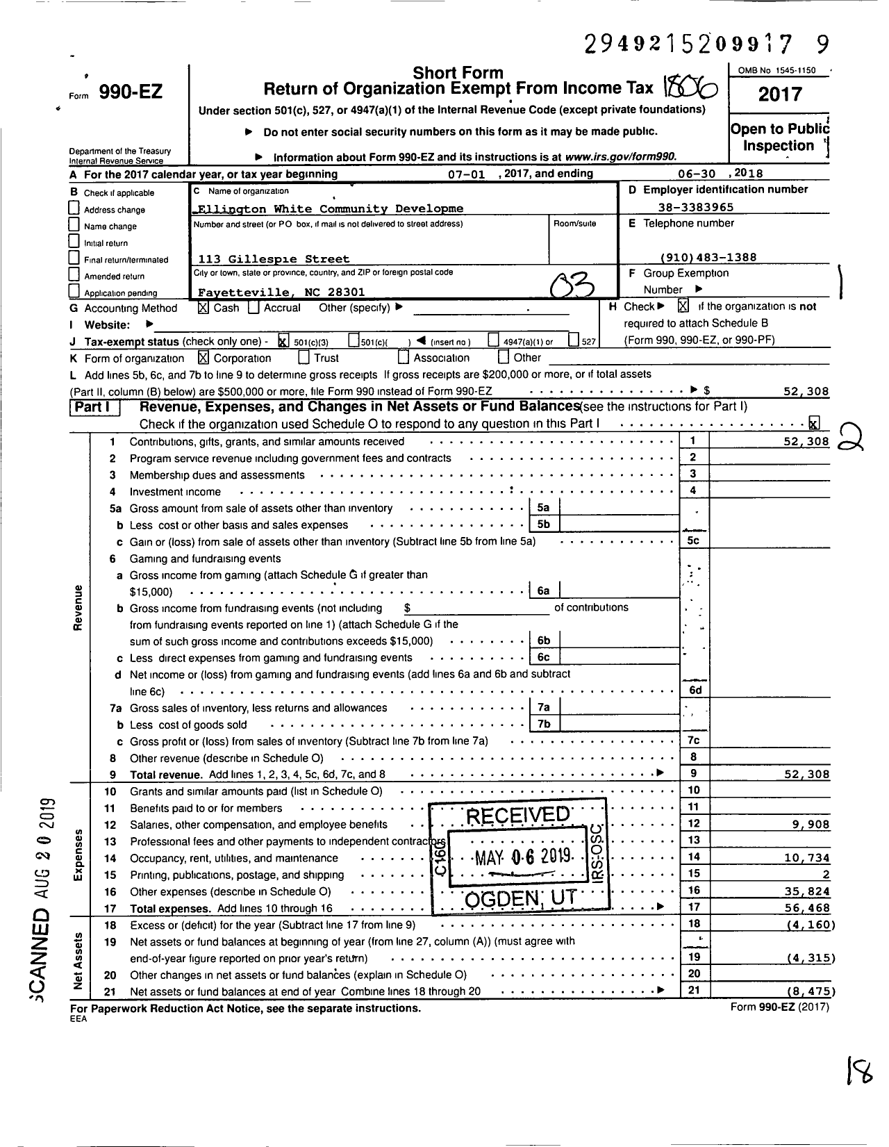 Image of first page of 2017 Form 990EZ for Ellington White Community Development