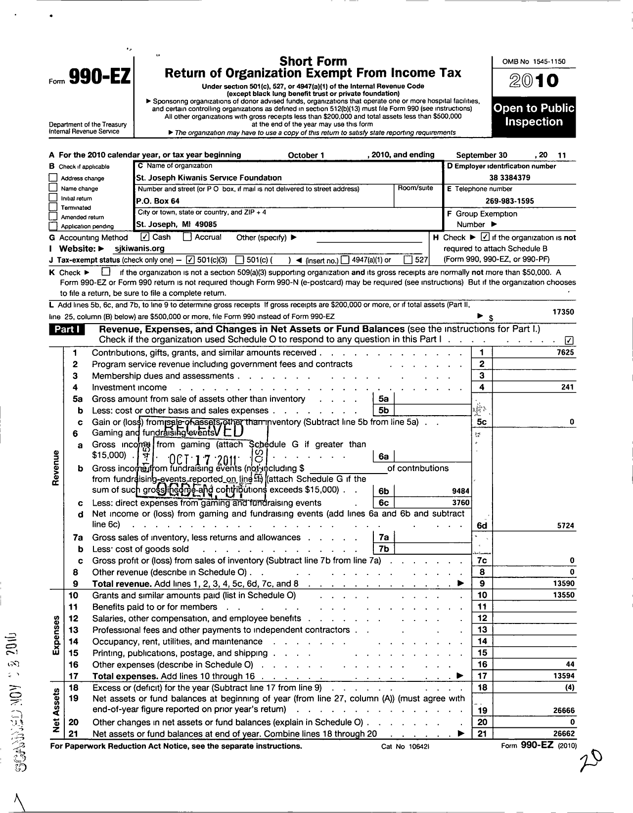 Image of first page of 2010 Form 990EZ for St Joseph Kiwanis Service Foundation