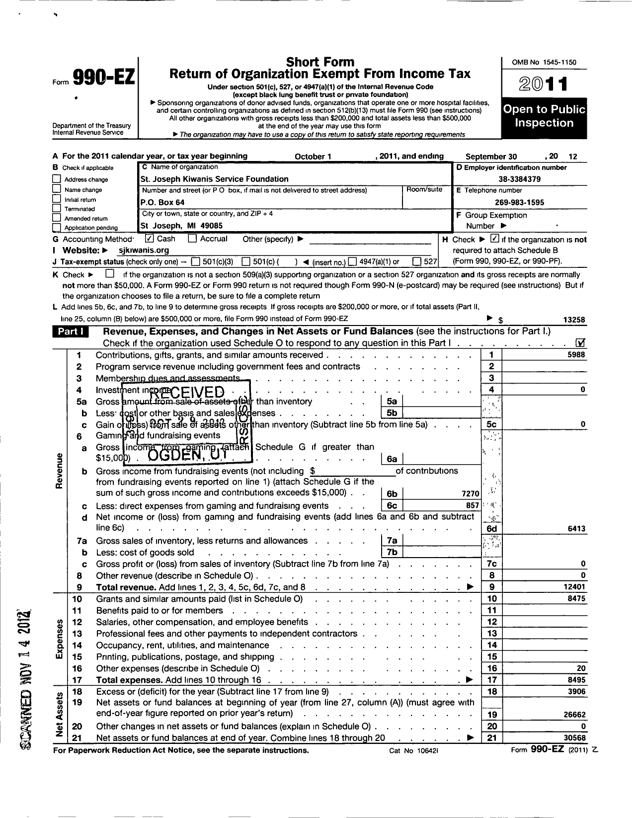 Image of first page of 2011 Form 990EO for St Joseph Kiwanis Service Foundation