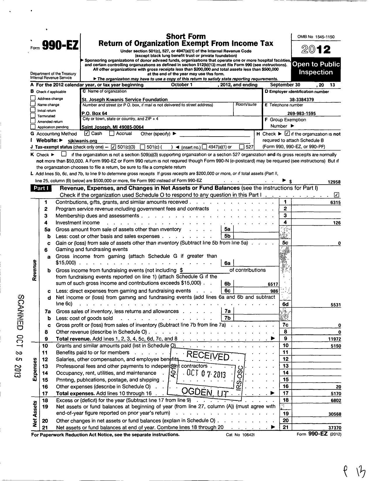 Image of first page of 2012 Form 990EZ for St Joseph Kiwanis Service Foundation