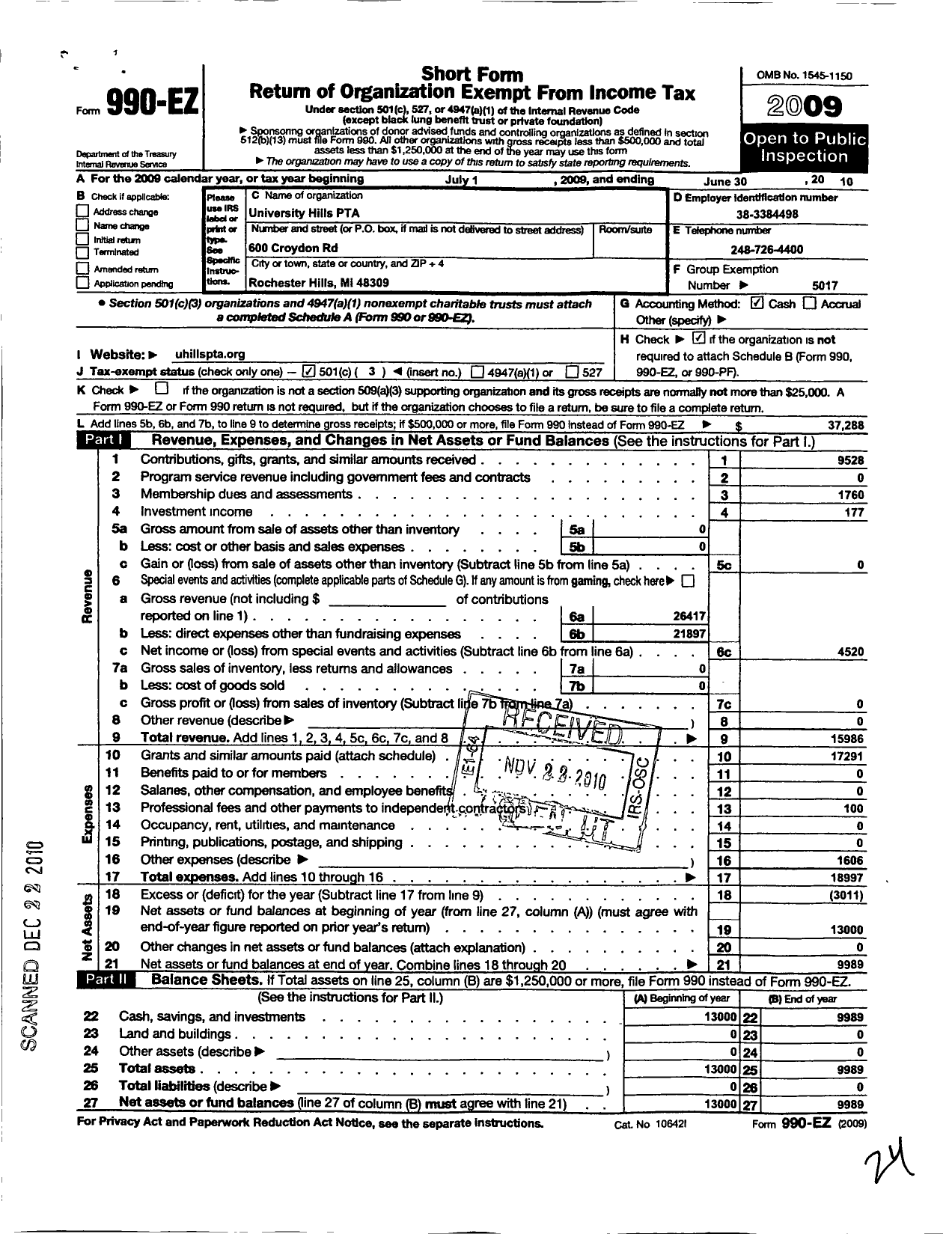 Image of first page of 2009 Form 990EZ for Ptsa Michigan Congress of Parents Teachers and Students / University Hills Elementary PTA