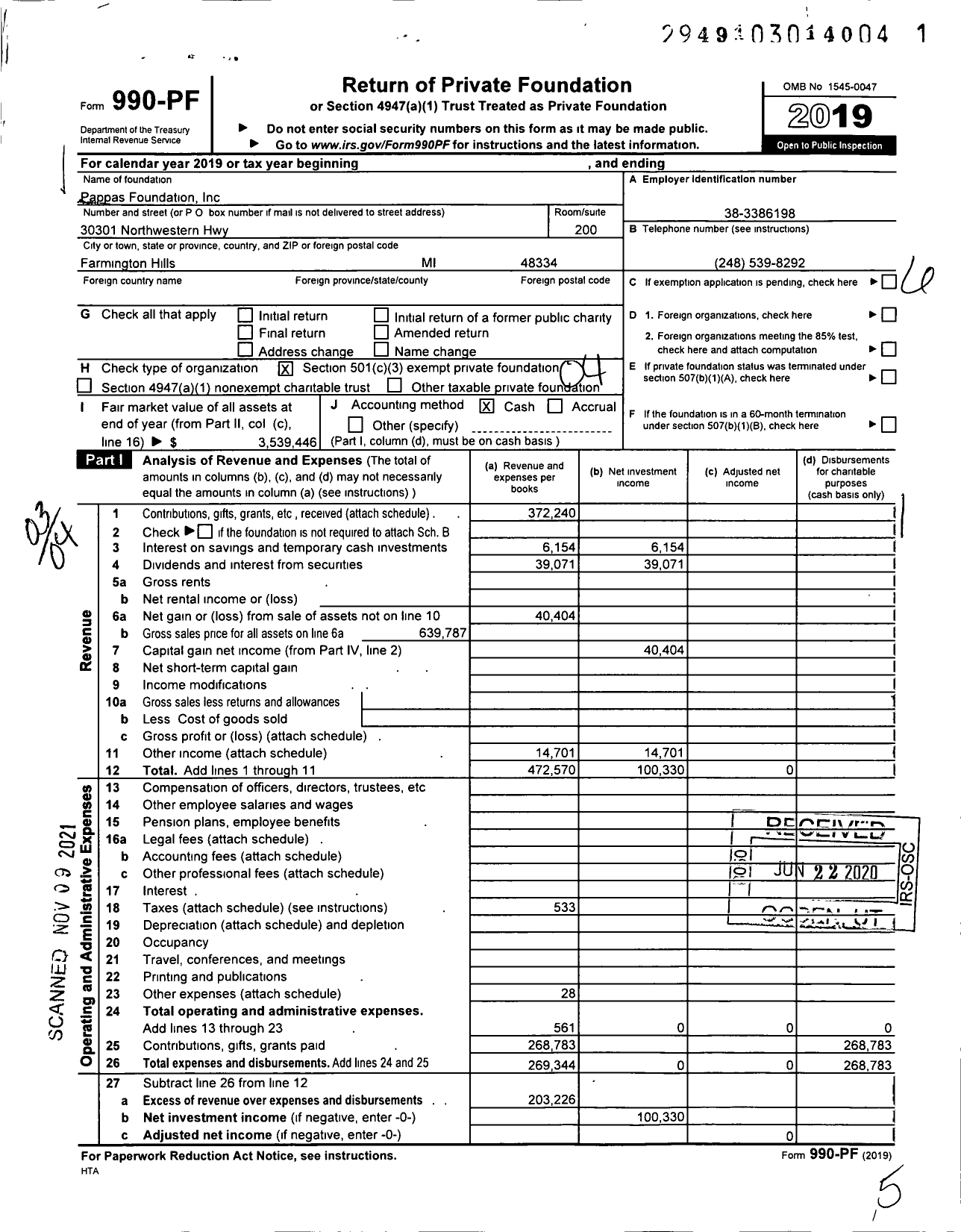 Image of first page of 2019 Form 990PF for Pappas Foundation