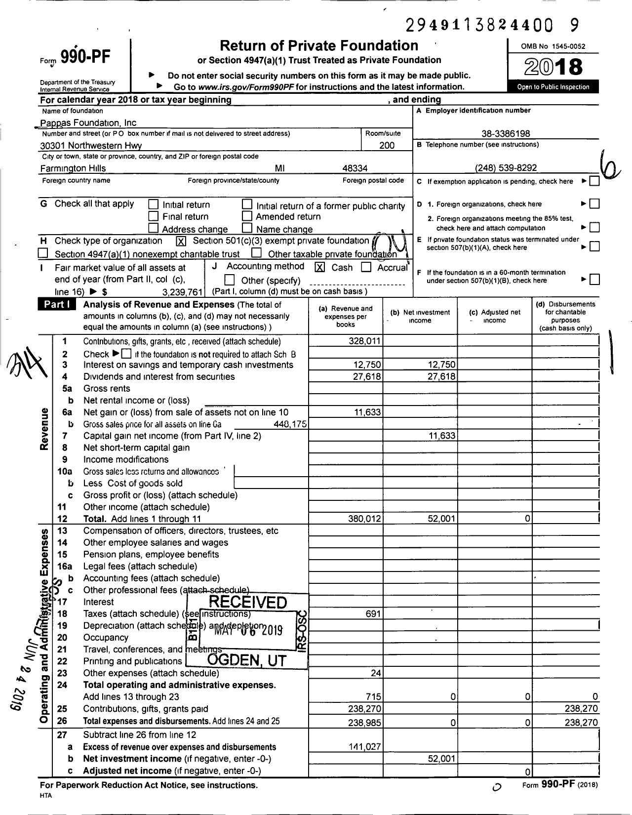 Image of first page of 2018 Form 990PF for Pappas Foundation