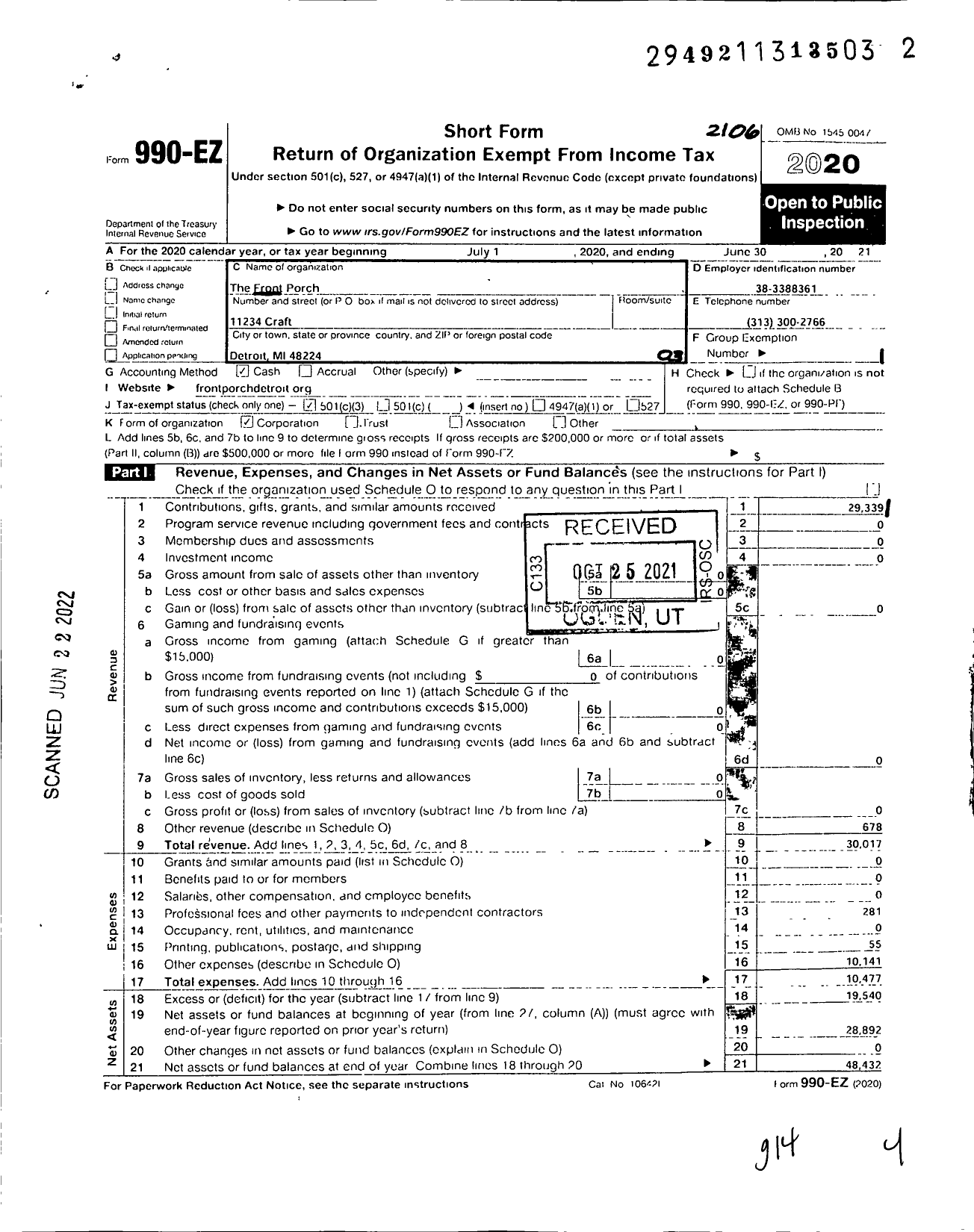 Image of first page of 2020 Form 990EZ for Front Porch