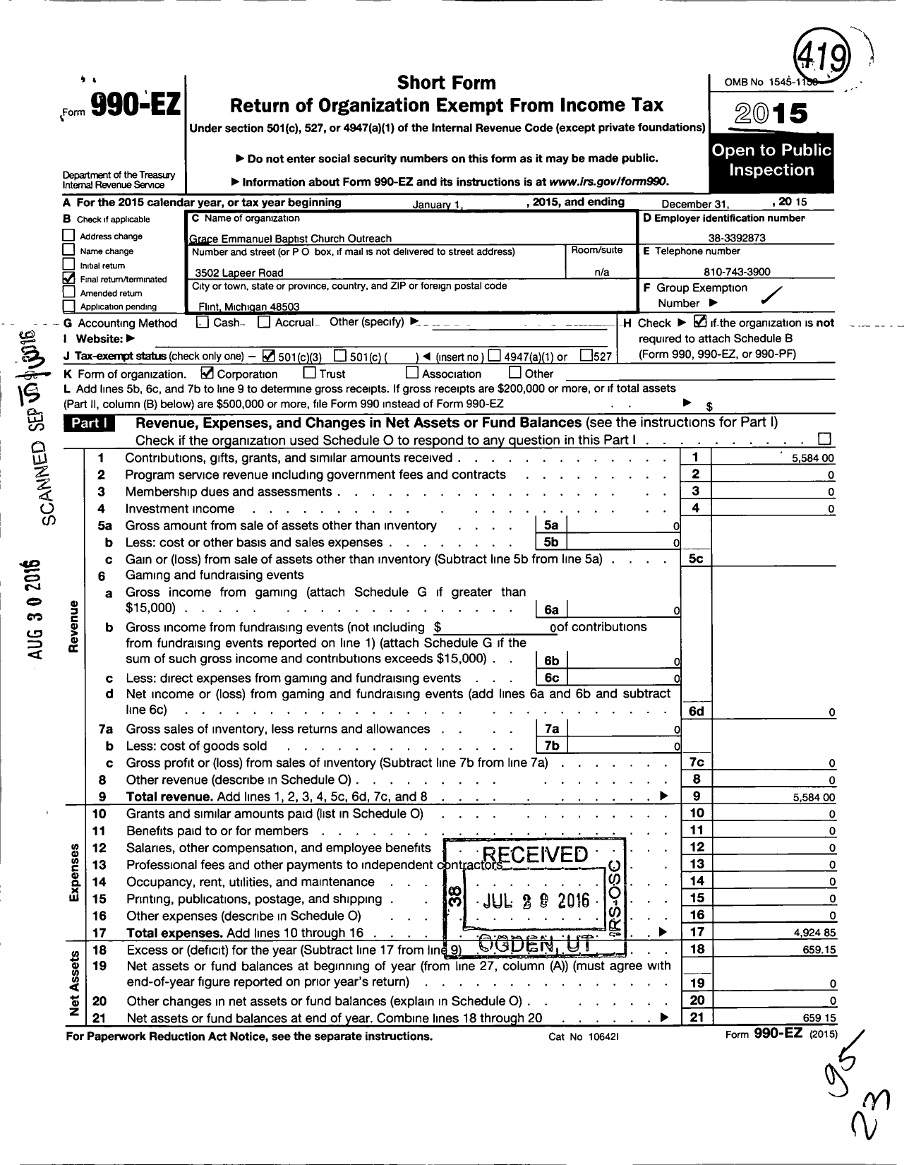 Image of first page of 2015 Form 990EZ for Grace Emmanuel Baptist Outreach