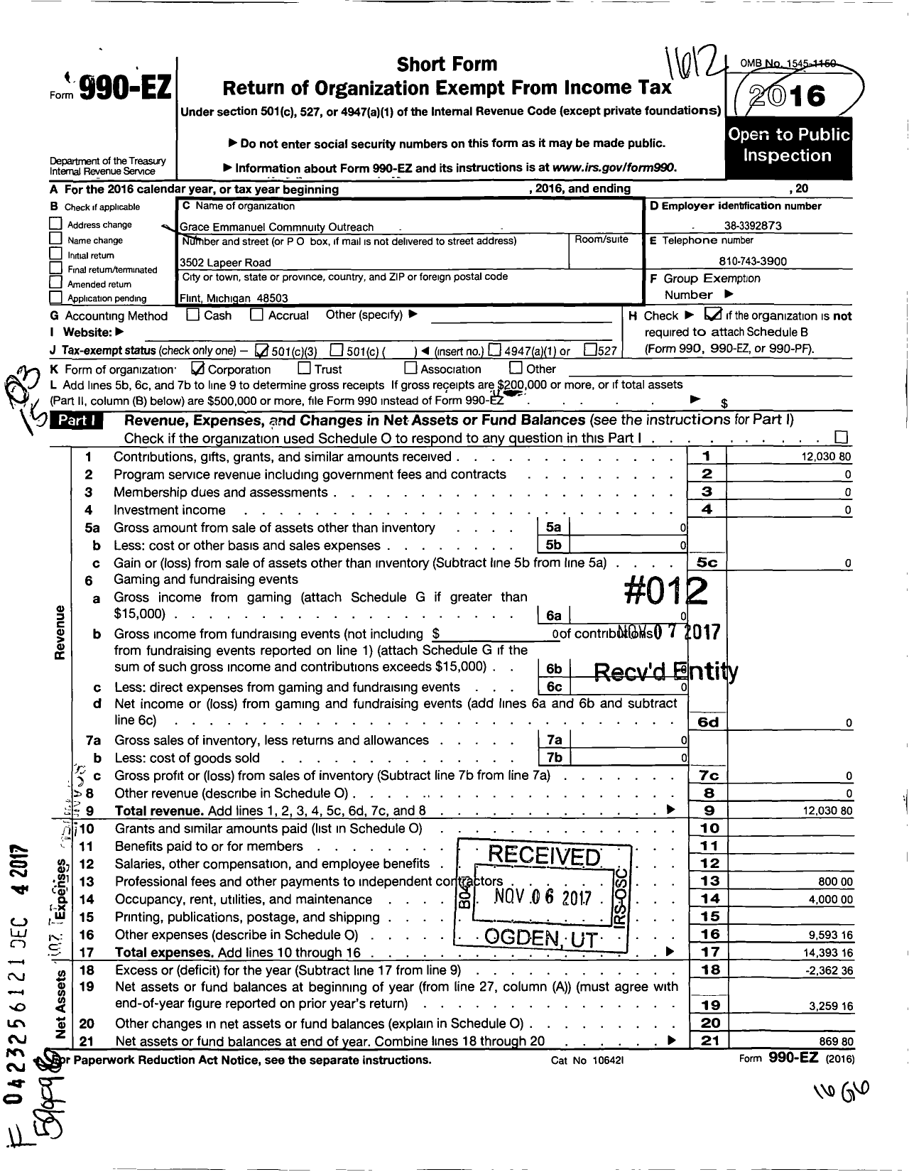 Image of first page of 2016 Form 990EZ for Grace Emmanuel Baptist Outreach