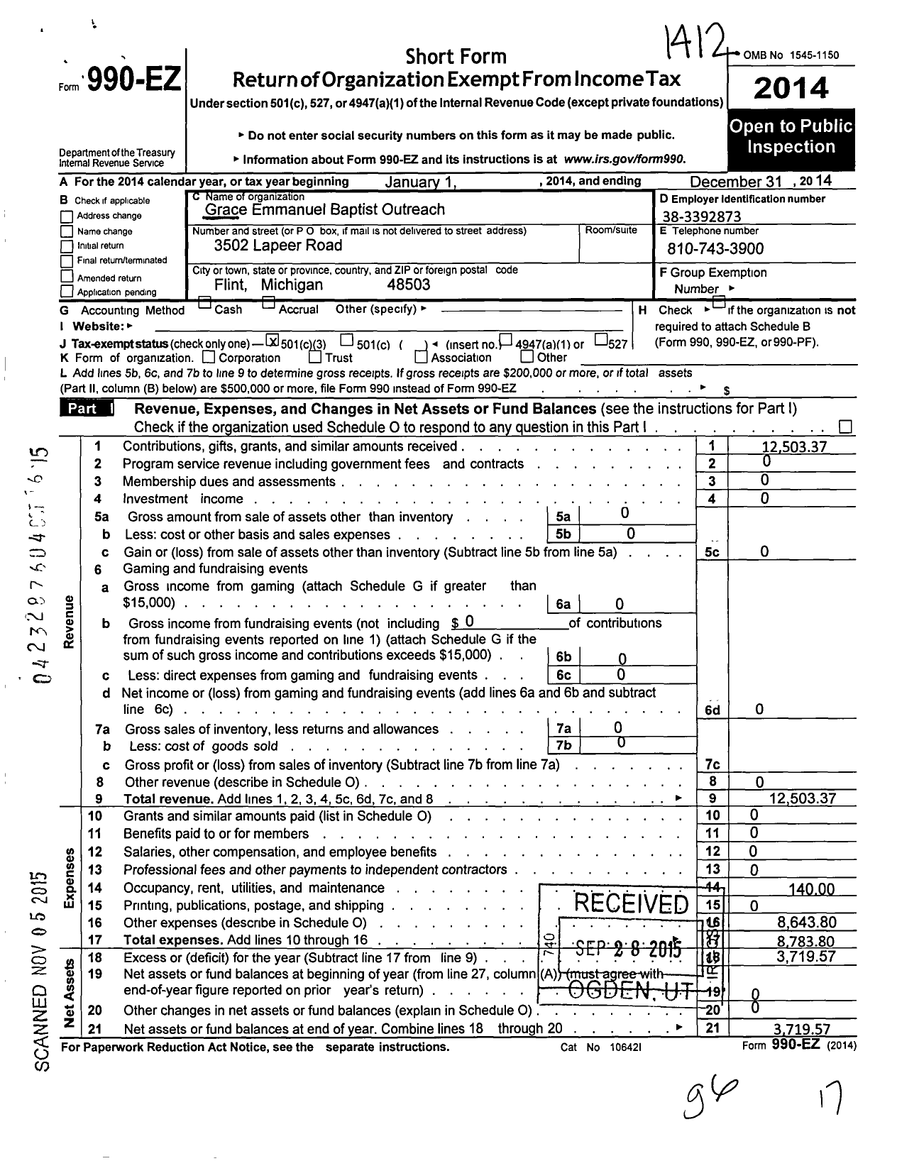 Image of first page of 2014 Form 990EZ for Grace Emmanuel Baptist Outreach