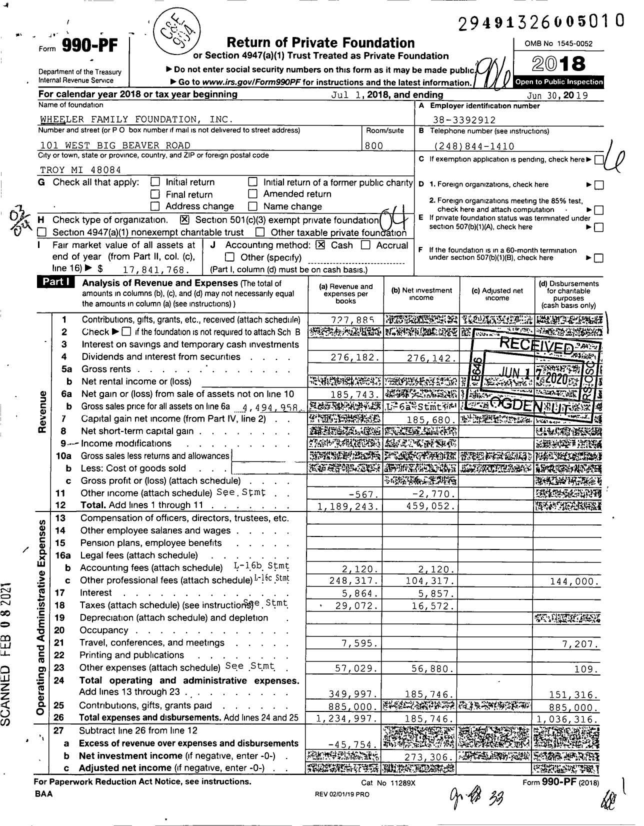 Image of first page of 2018 Form 990PF for Wheeler Family Foundation