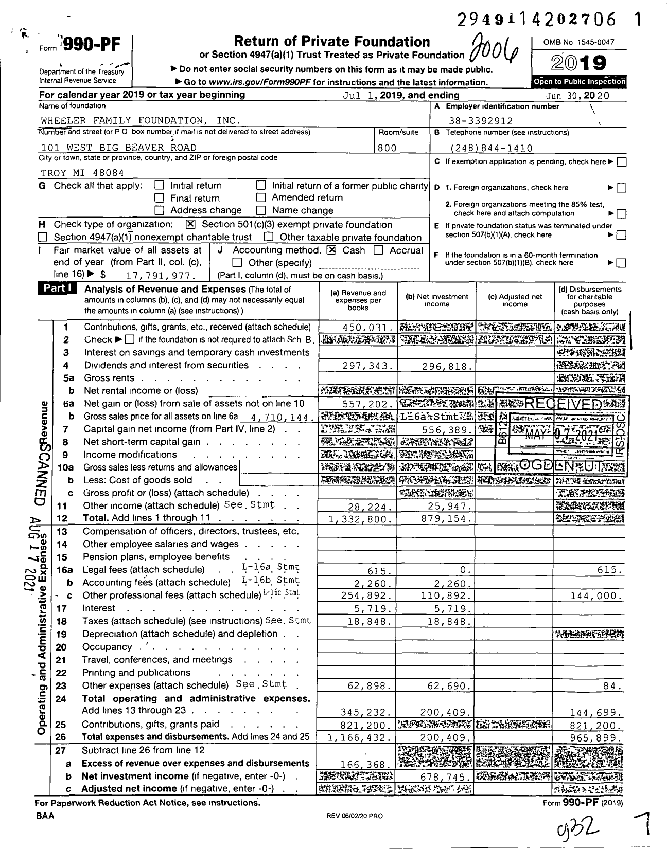 Image of first page of 2019 Form 990PF for Wheeler Family Foundation