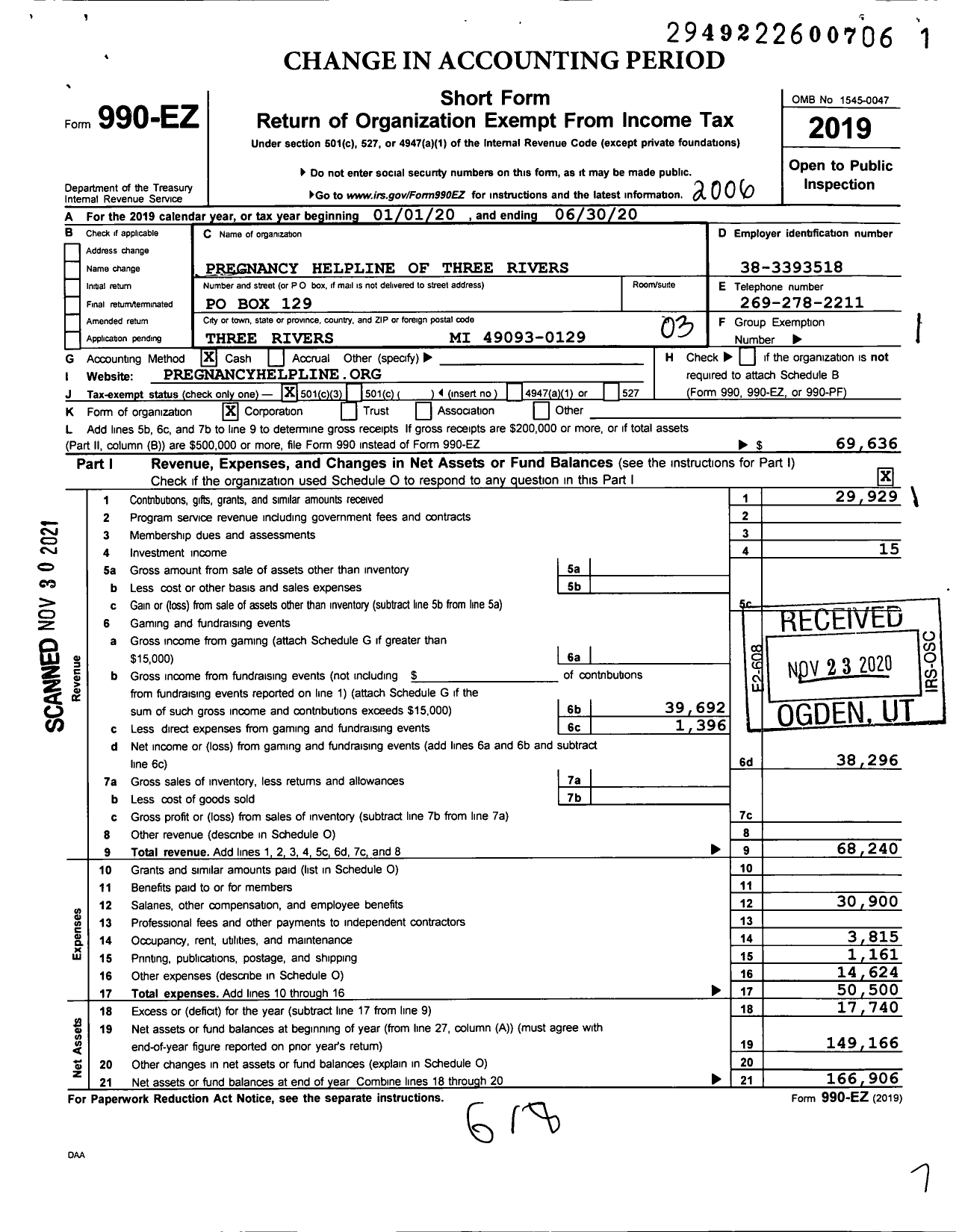 Image of first page of 2019 Form 990EZ for Pregnancy Helpline of Three Rivers