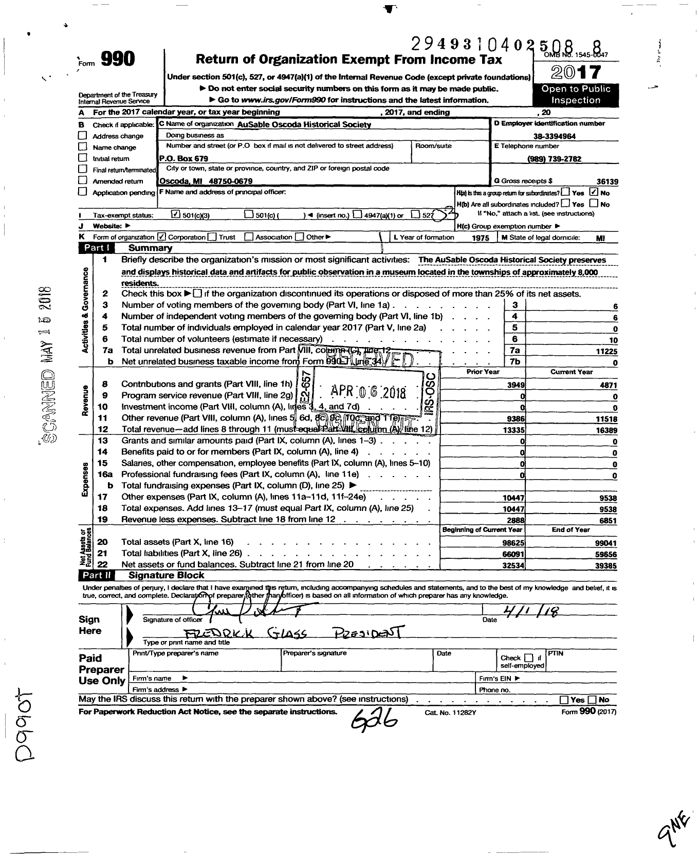 Image of first page of 2017 Form 990 for Ausable Oscoda Historical Society