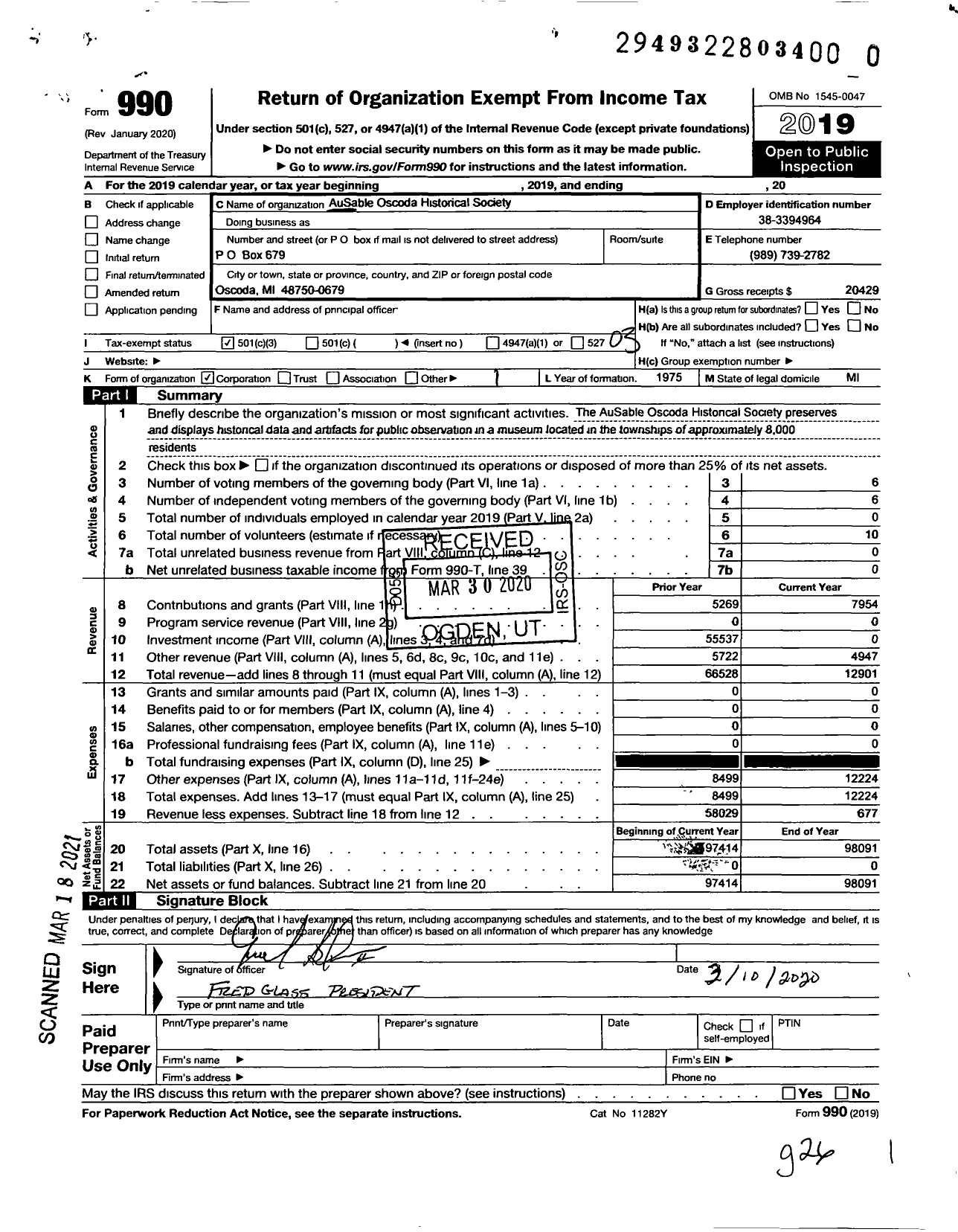 Image of first page of 2019 Form 990 for Ausable Oscoda Historical Society