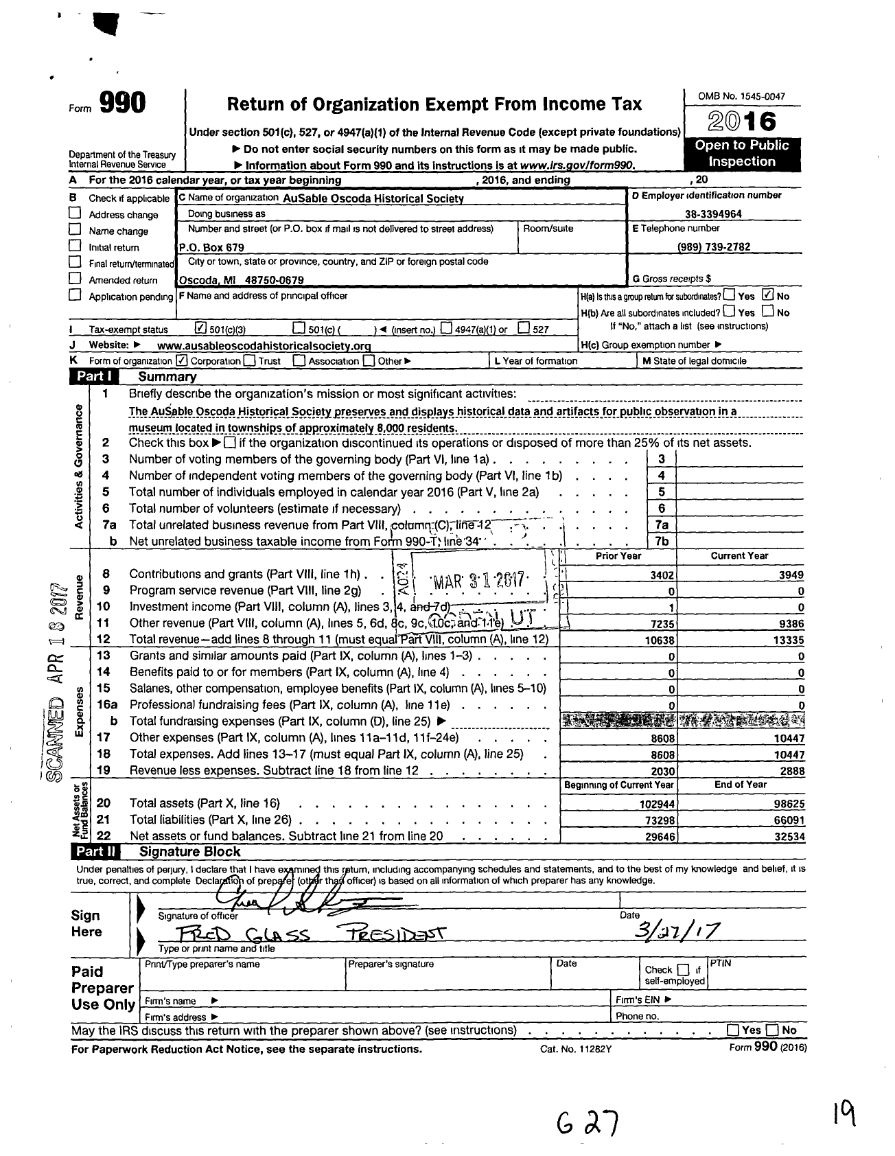 Image of first page of 2016 Form 990 for Ausable Oscoda Historical Society