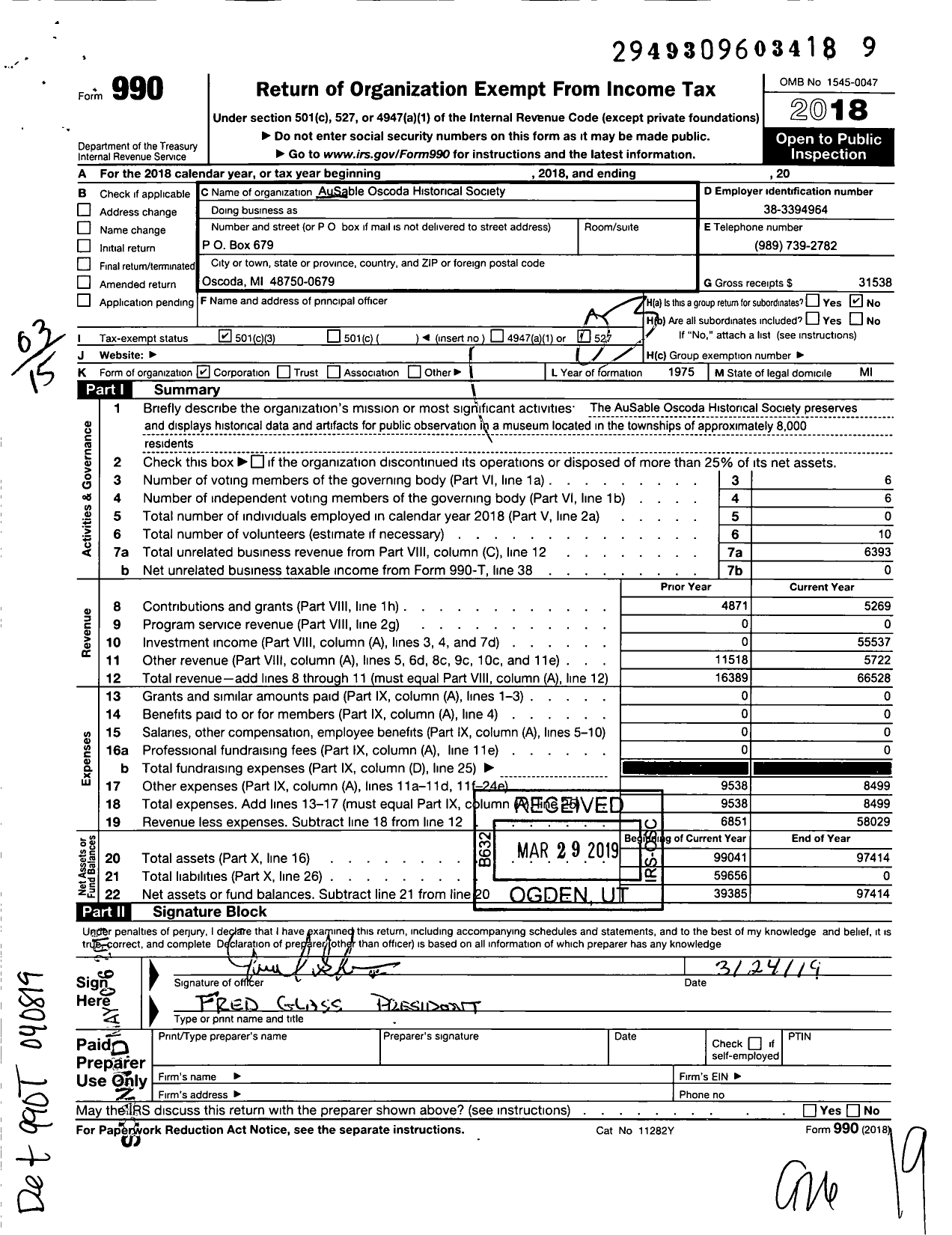 Image of first page of 2018 Form 990 for Ausable Oscoda Historical Society