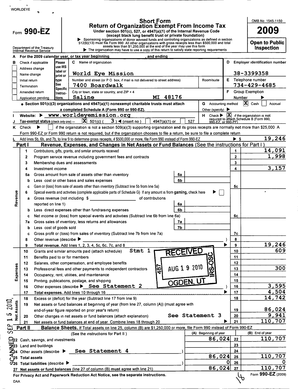 Image of first page of 2009 Form 990EZ for World Eye Mission