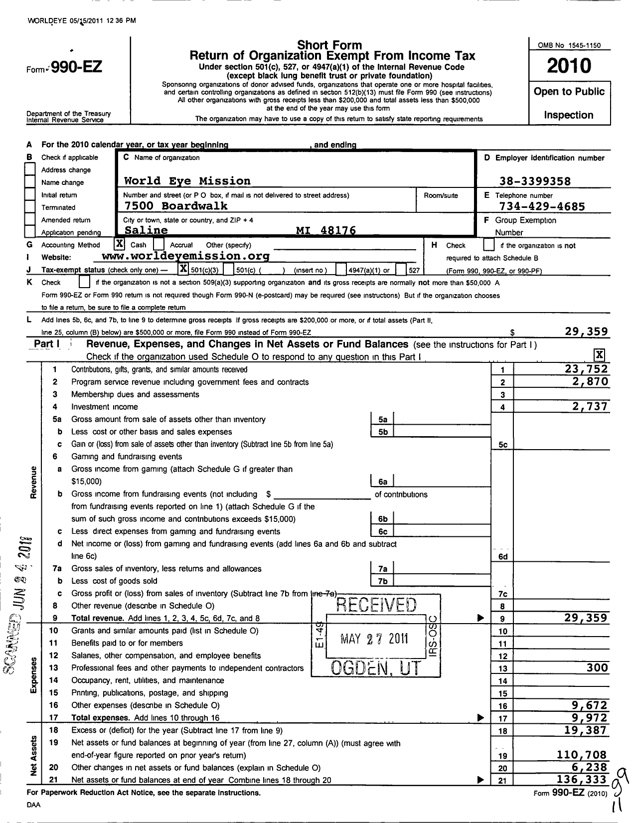 Image of first page of 2010 Form 990EZ for World Eye Mission