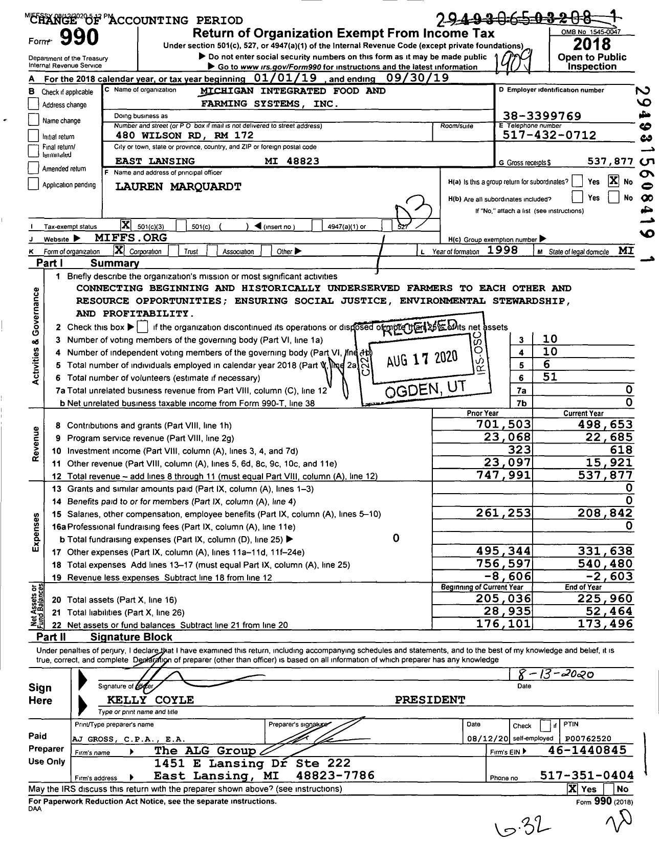 Image of first page of 2018 Form 990 for Michigan Integrated Food and Farming Systems (MIFFS)