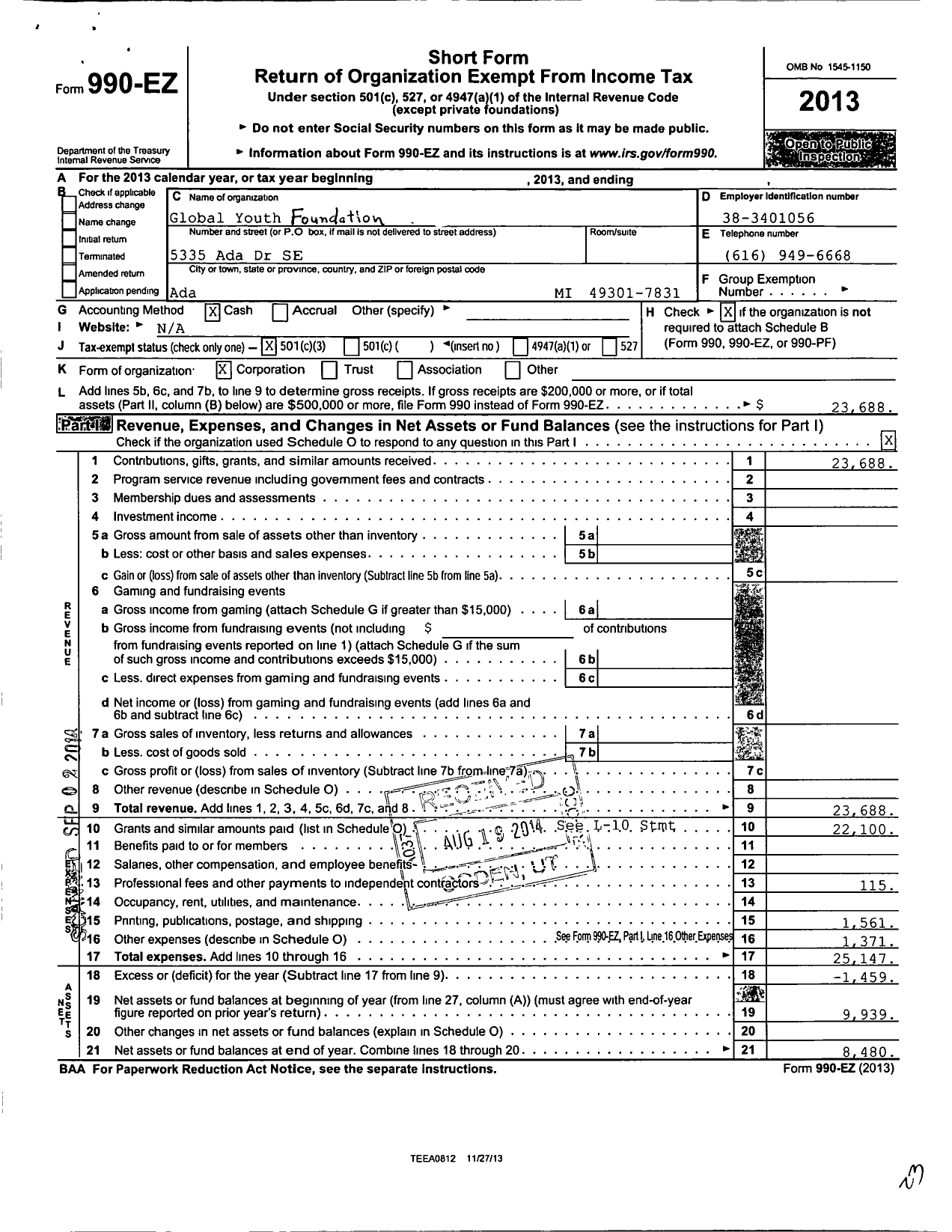 Image of first page of 2013 Form 990EZ for Global Youth Ministries USA