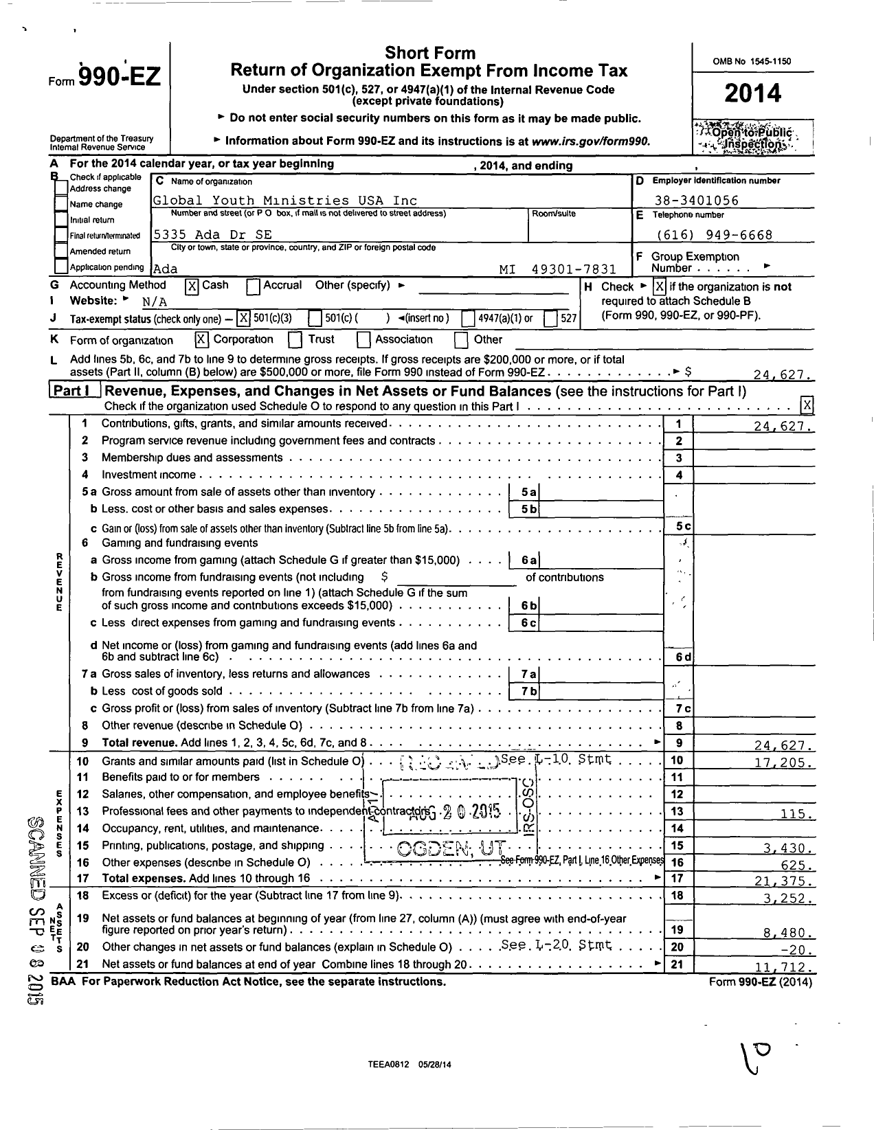 Image of first page of 2014 Form 990EZ for Global Youth Ministries USA