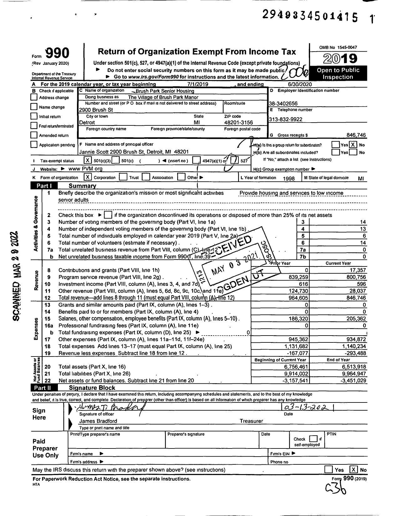 Image of first page of 2019 Form 990 for The Village of Brush Park Manor