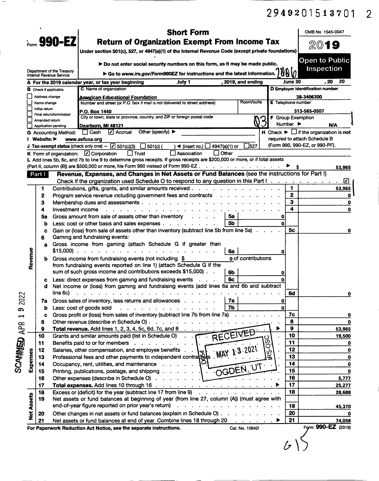 Image of first page of 2019 Form 990EZ for American Educational Foundation