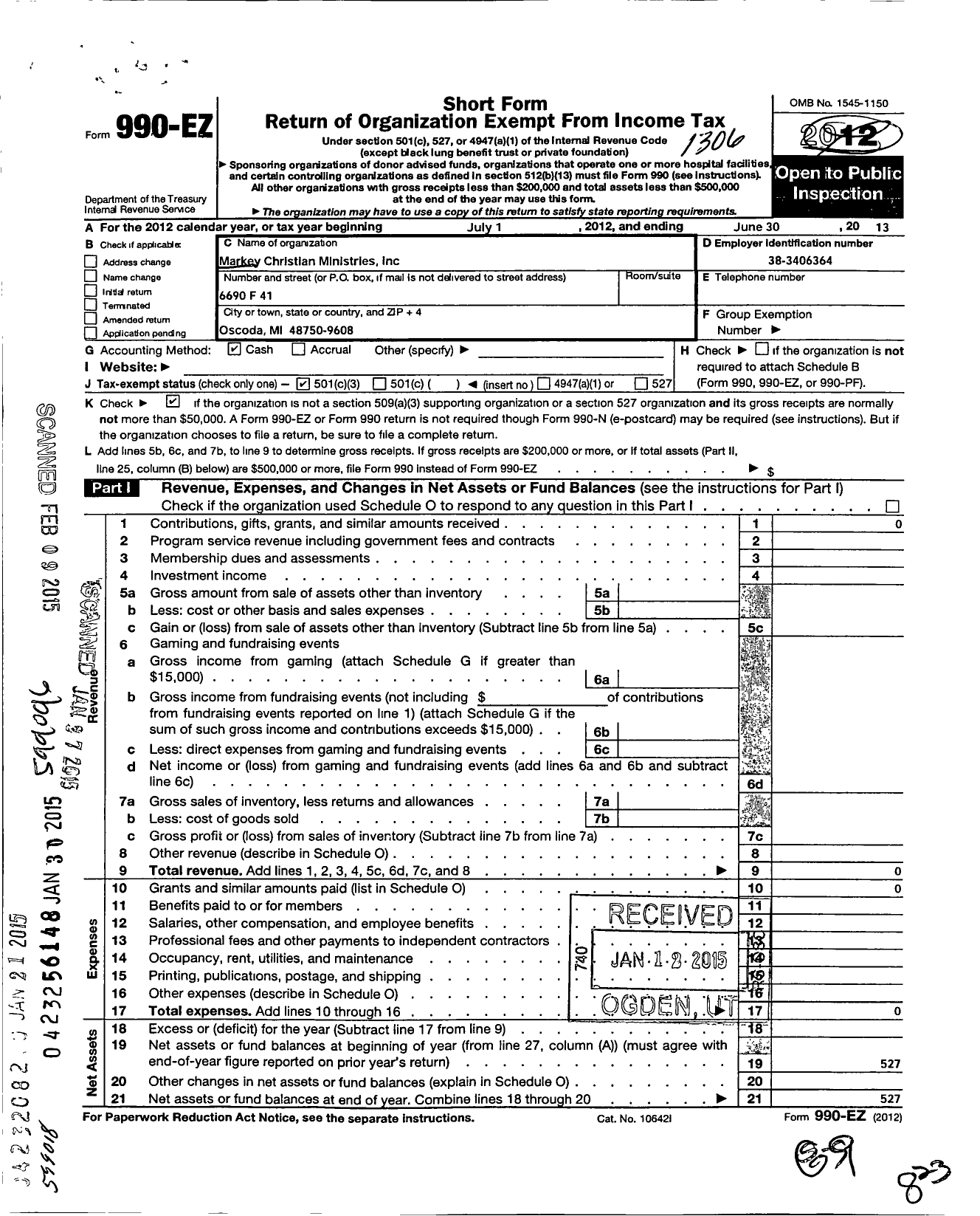 Image of first page of 2012 Form 990EZ for Markey Christian Ministries