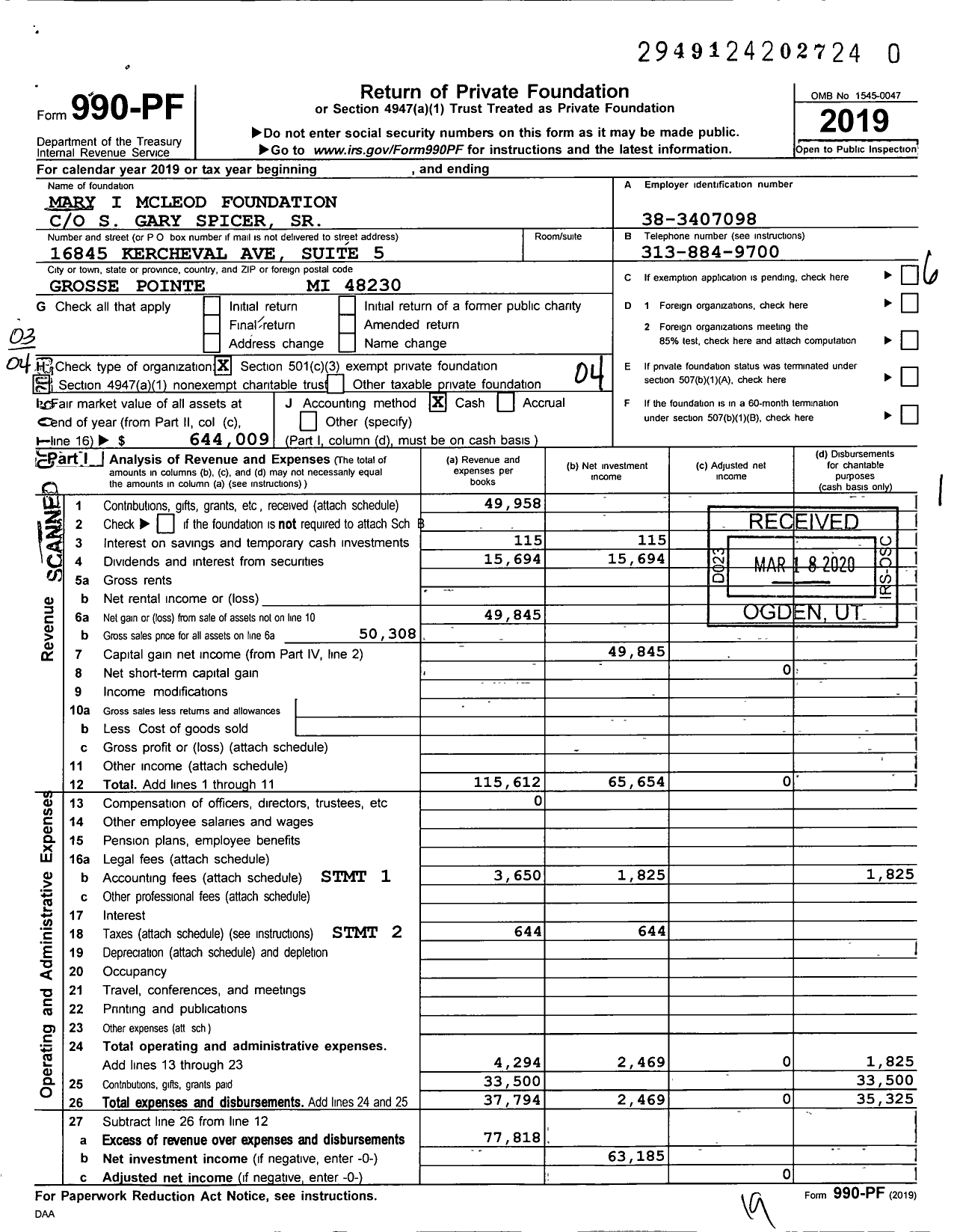 Image of first page of 2019 Form 990PR for Mary I McLeod Foundation