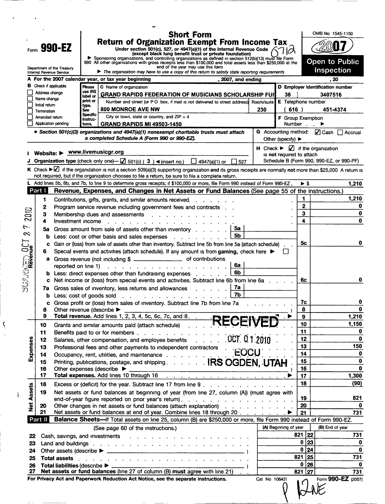 Image of first page of 2007 Form 990EZ for Grand Rapids Federation of Musicians Scholarship Fund