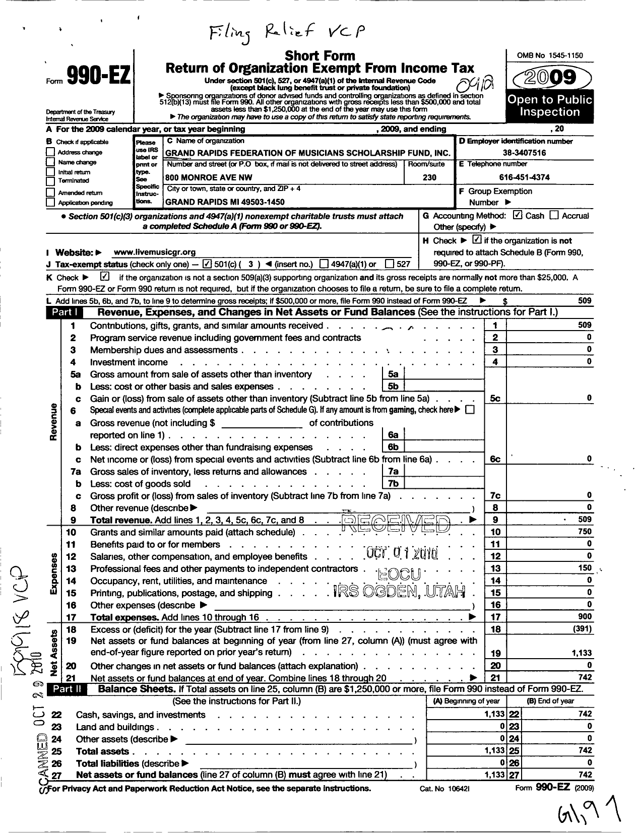 Image of first page of 2009 Form 990EZ for Grand Rapids Federation of Musicians Scholarship Fund