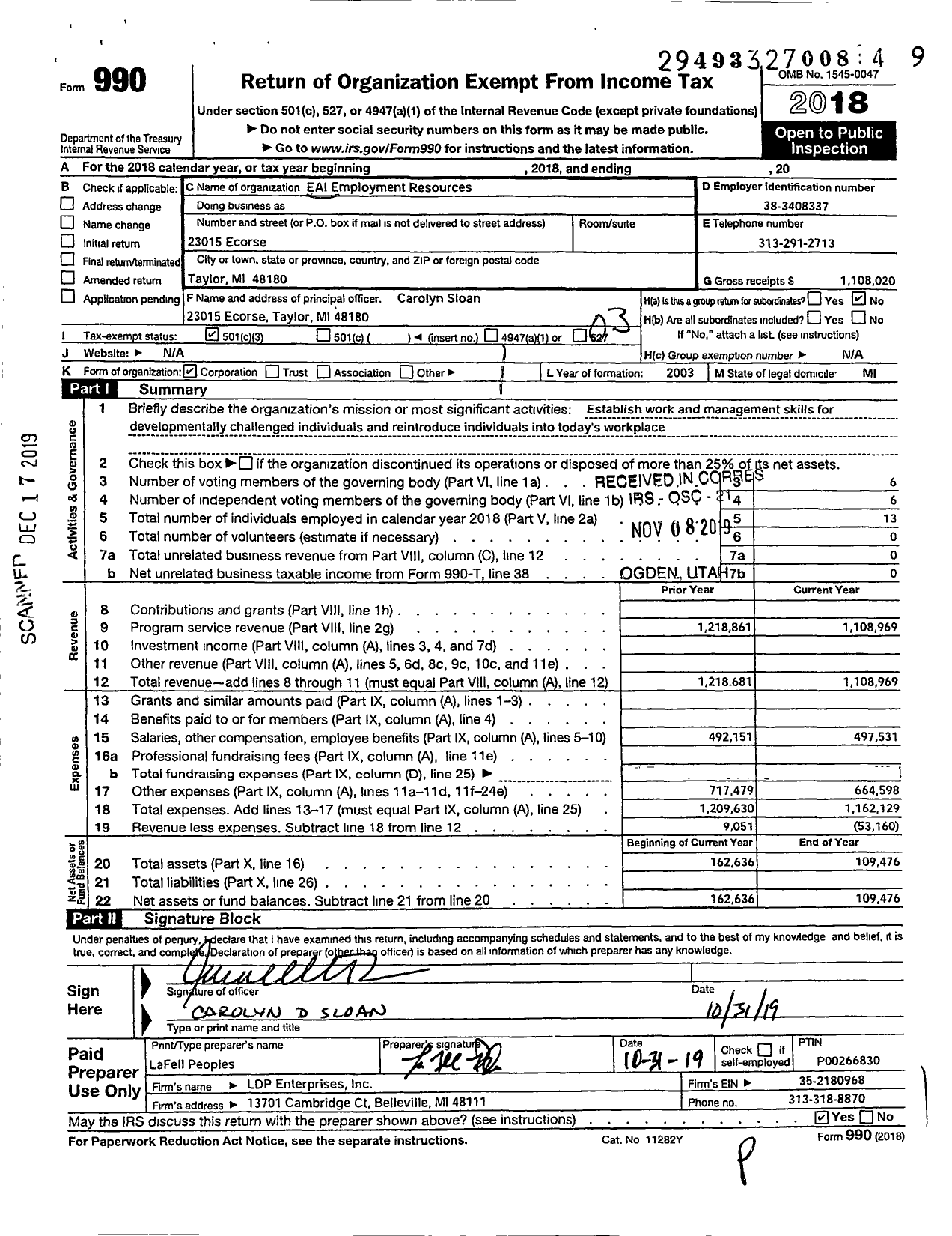 Image of first page of 2018 Form 990 for EAI Employment Resources